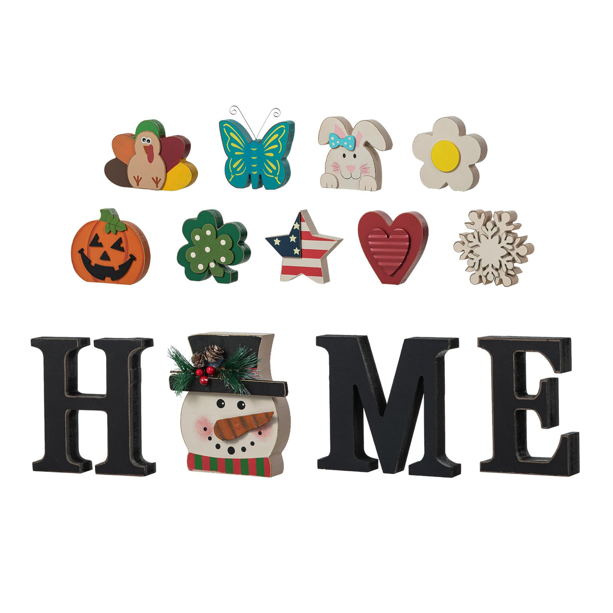 Glitzhome Interchangeable Home Table Signs with 13 Pcs Seasonal Icons, Wooden Changeable Home Sign for Holiday Decor, HOME Letter Sign Ornaments Set Interchangeable Holiday Decorative Shelf Blocks Glitzhome