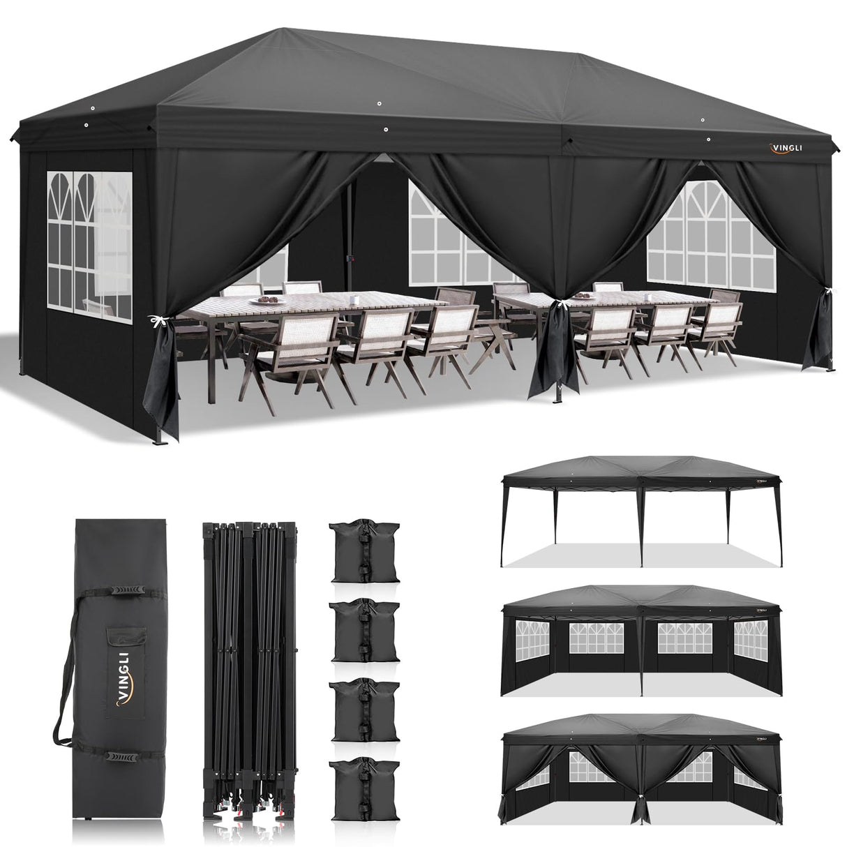 VINGLI 10x20 ft Pop Up Canopy Tent with 6 Sidewalls, Canopy 10x20 with Carry Bag, Outdoor Gazebo Canopy Tent Camping Tent, Patio Event Tent Outdoor Canopy Commercial Canopy(Black) VINGLI