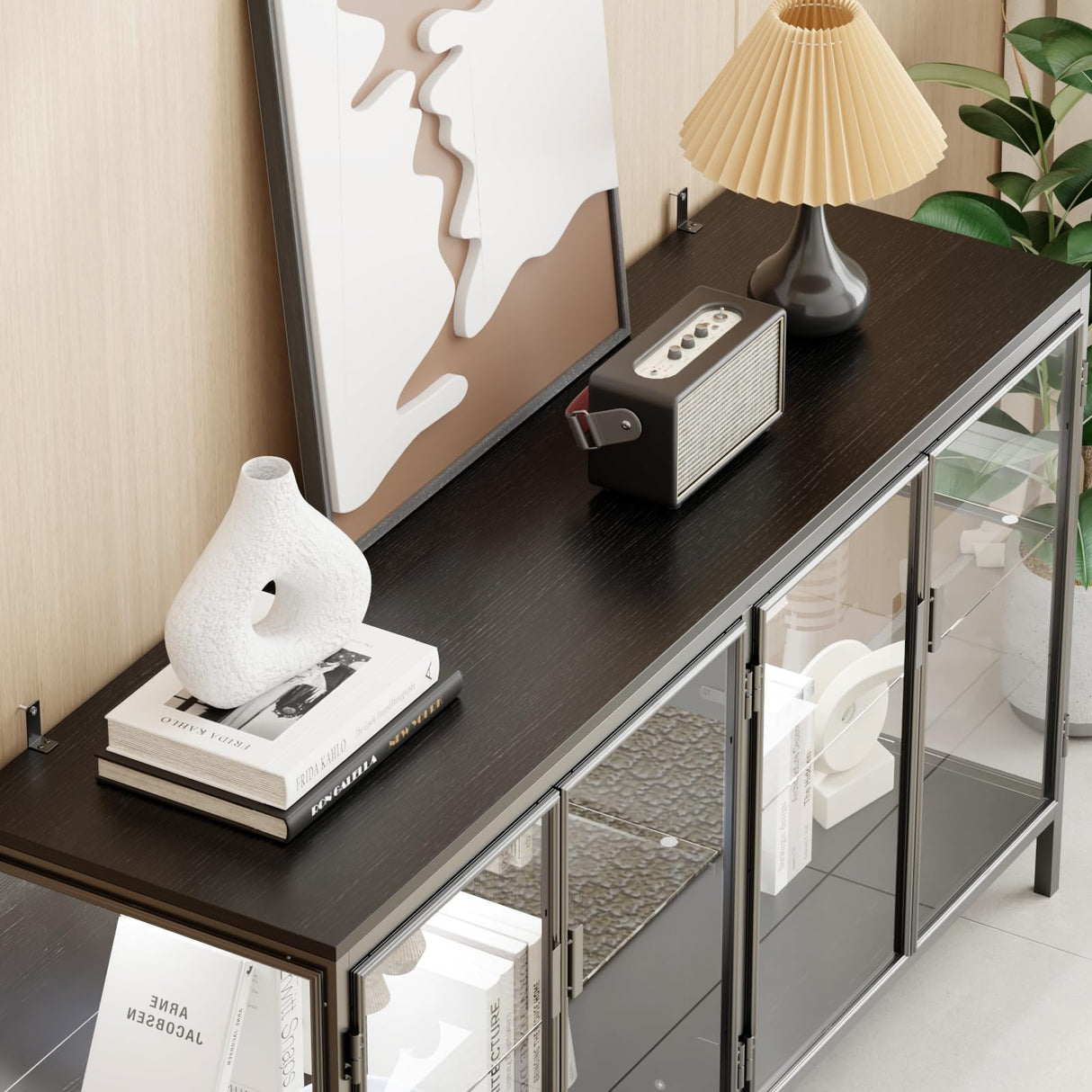 FUFU&GAGA Sideboard Buffet with LED Lights, Glass Doors, Modern Display Cabinet with Glass Shelves, Black Cupboard Credenza with Metal Legs, for Living Room Kitchen, 55.1”W x 15.7”D x 29.5”H FUFU&GAGA