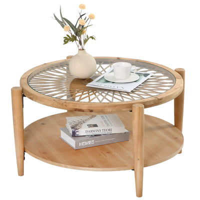 RUSTOWN Rattan Round Coffee Tables, 2-Tier Sofa Table with Rattan & Tempered Glass Top and Wood Legs, Accent Side Coffee Table for Living Room(Natural)