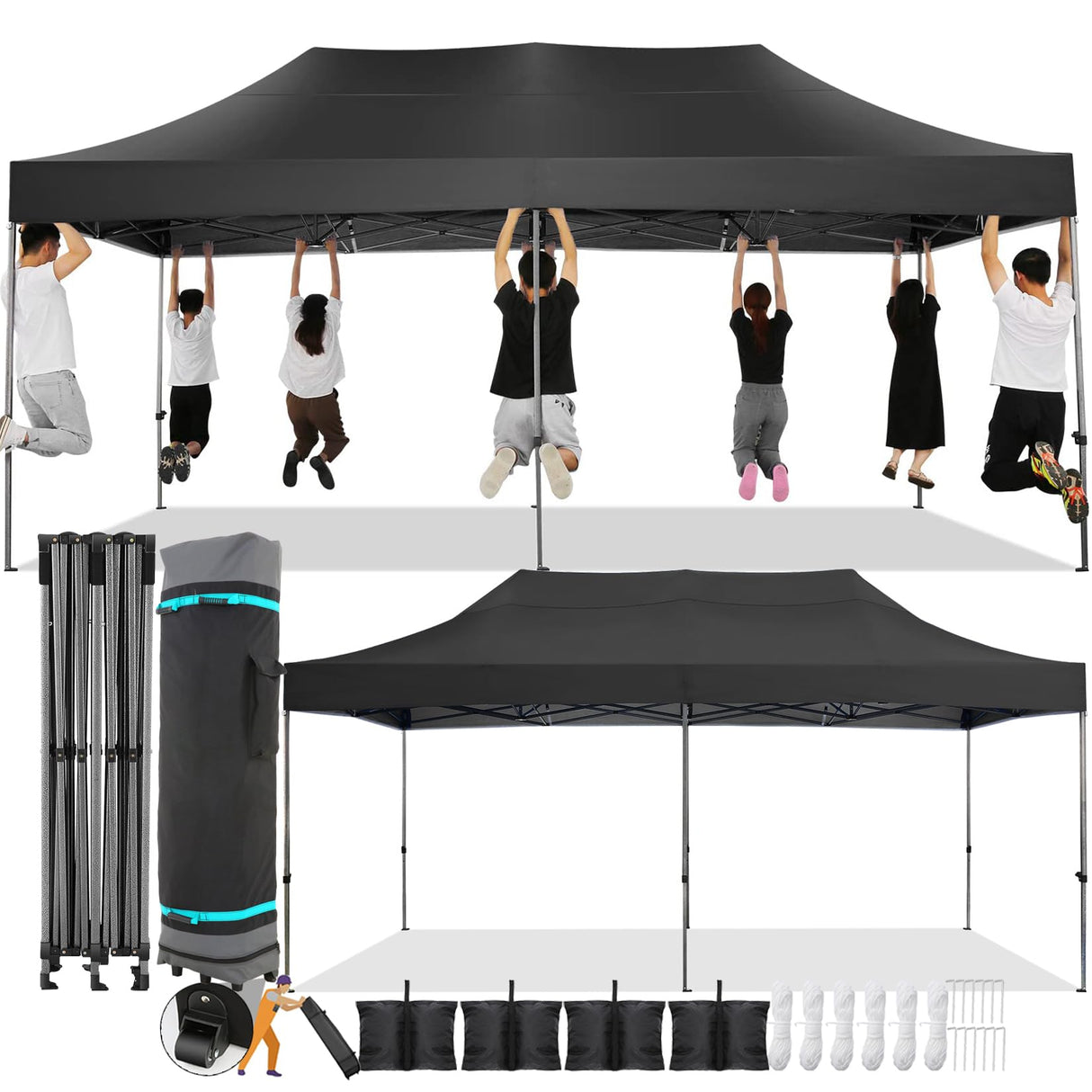COBIZI 10x20 Pop Up Canopy Without Sidewall,Heavy Duty Canopy UPF 50+ All Season Wind Waterproof Commercial Outdoor Wedding Party Tents for Parties Canopy Gazebo with Roller Bag(10 x 20 ft Black) COBIZI