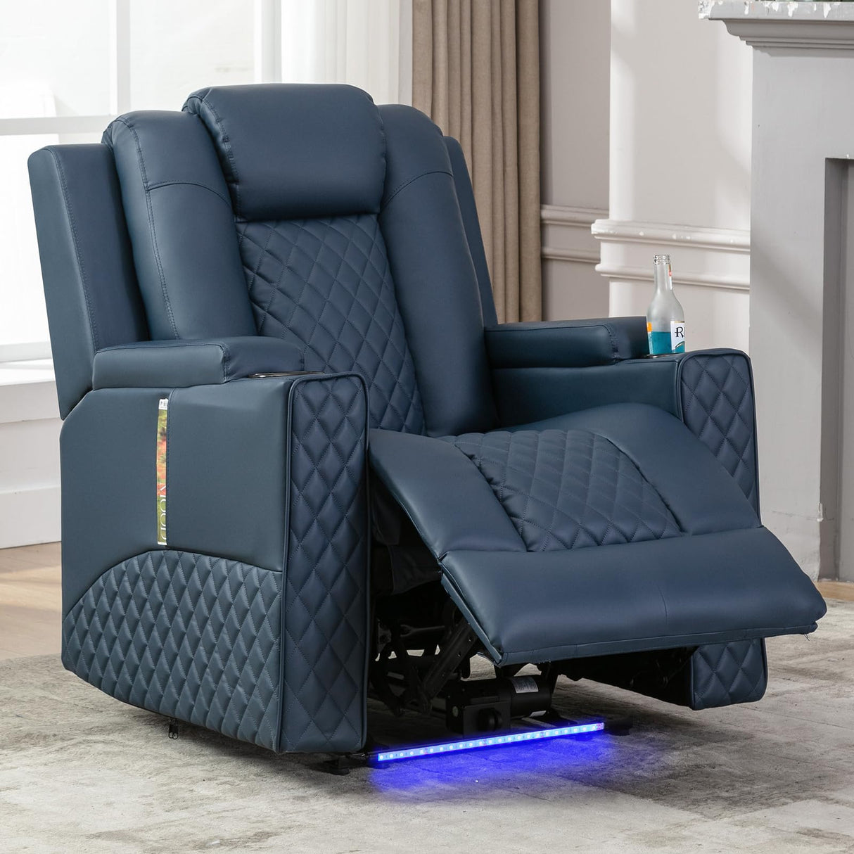 COMHOMA Power Recliner Chair PU Leather Electric Massage Recliner Sofa for Living Room Home Theater Seating with Cup Holders and LED Lighting(Blue) COMHOMA