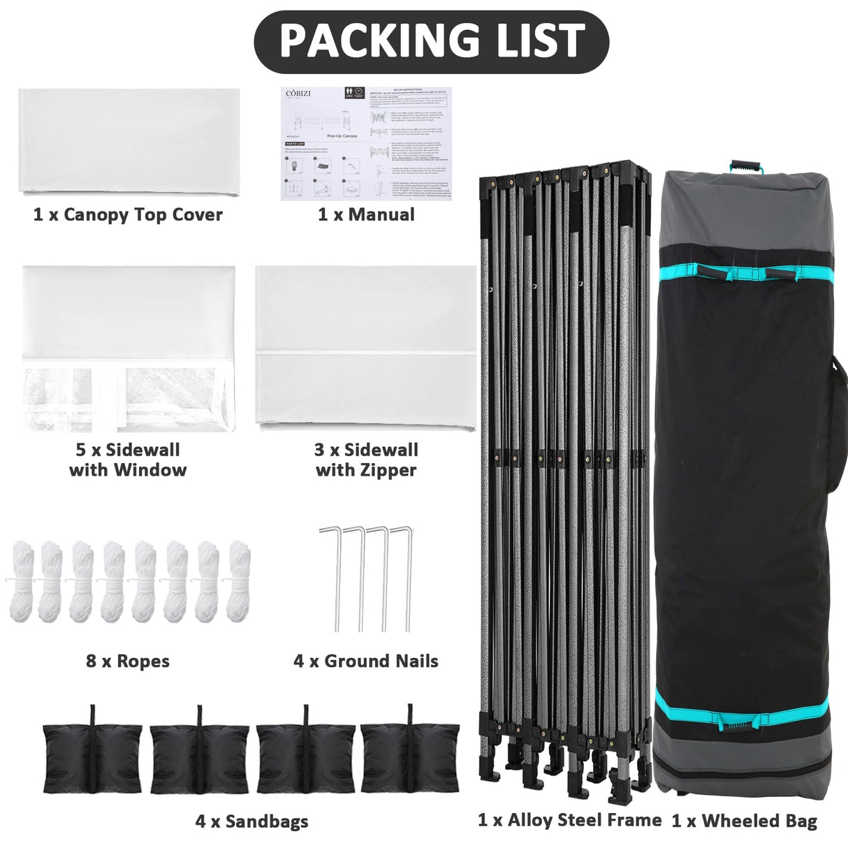 COBIZI 10x30 Pop Up Canopy with 8 Sidewall,Heavy Duty Canopy UPF 50+ All Season Wind Waterproof Commercial Outdoor Wedding Party Tents for Parties Canopy Gazebo with Roller Bag(10 x 30 ft White) COBIZI