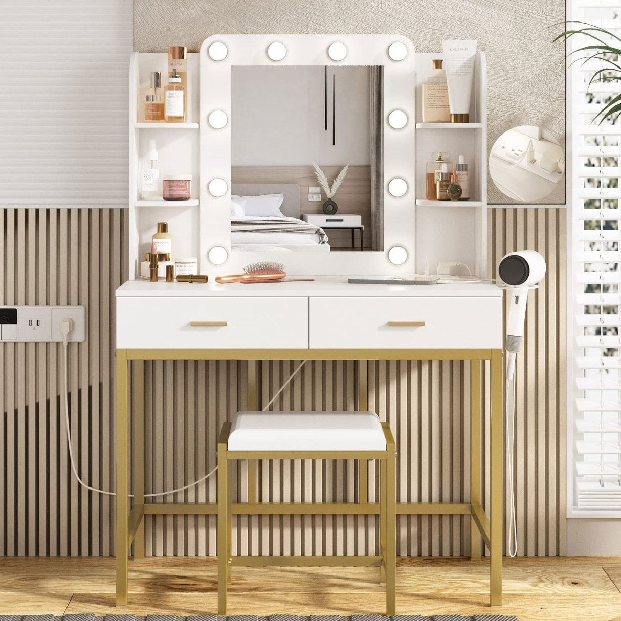 Vanity Desk with Mirror and 10 Led Lights, with Charging Station,Makeup Vanity Table Set with Lighted Mirror, with 3 Lighting Modes and 2 Drawers&Cushioned Stool for Bedroom Vabches