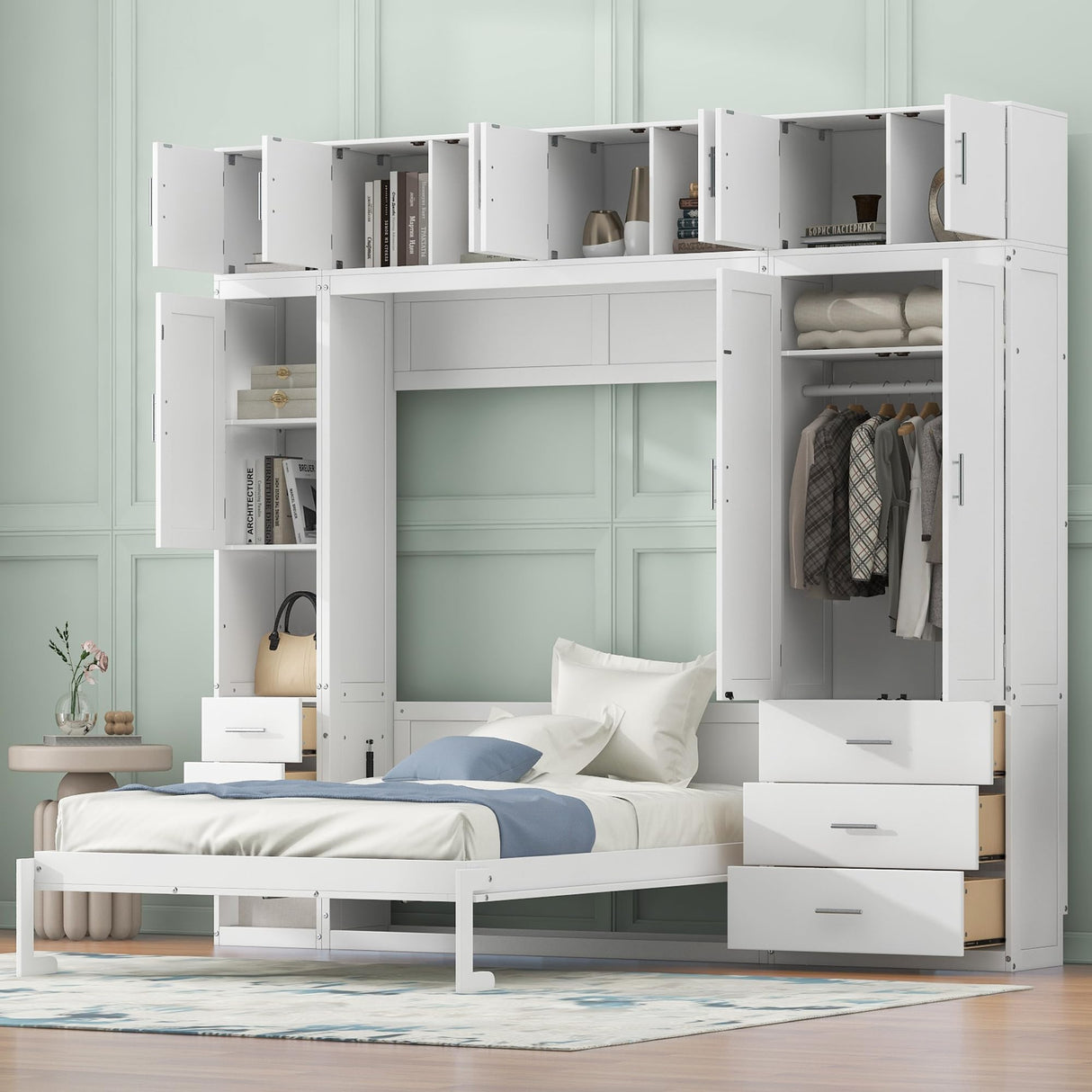 FAVSH Full Size Murphy Bed with Lockers & Wardrobes, Solid Wood Wall Bed with Drawers, Space-Saving Hidden Bed, Fold-The-Way Bed Included Installation Video,White FAVSH