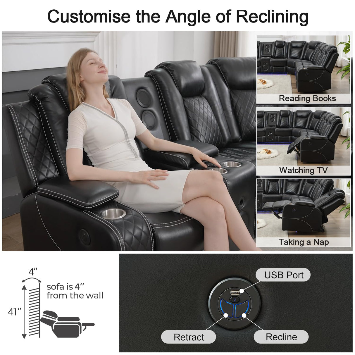 Power Recliner Sectional Sofa with Bass Speaker,Wireless Charger,Electric Reclining Sectional Sofa with 2 Faux Leather Recliner,LED Strip,Reading Light,Type-C USB Port,Cup Holder,Storage Console Black Comfort Stretch