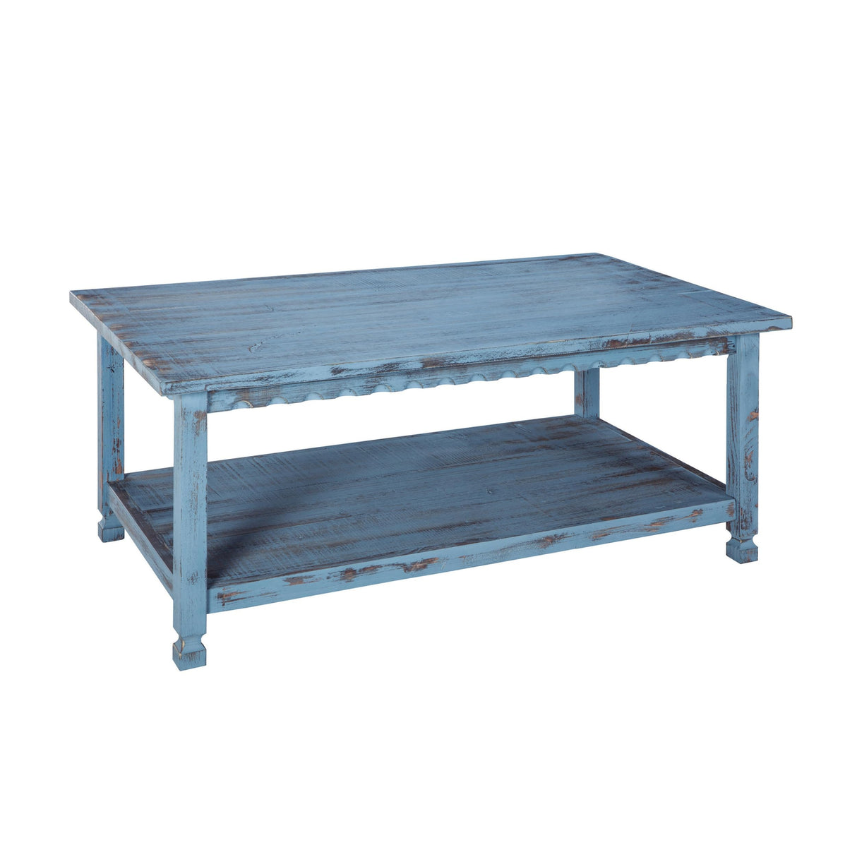 Rustic Rectangular Coffee Table, 42 in. W x 24 in. D x 18 in. H, Living Room Blue Antique, W/ (1) 36 in. W x 18 in. D x 10 in. H Shelf, Farmhouse/Cottage Style, Select Hardwood/Construction Alaterre Furniture