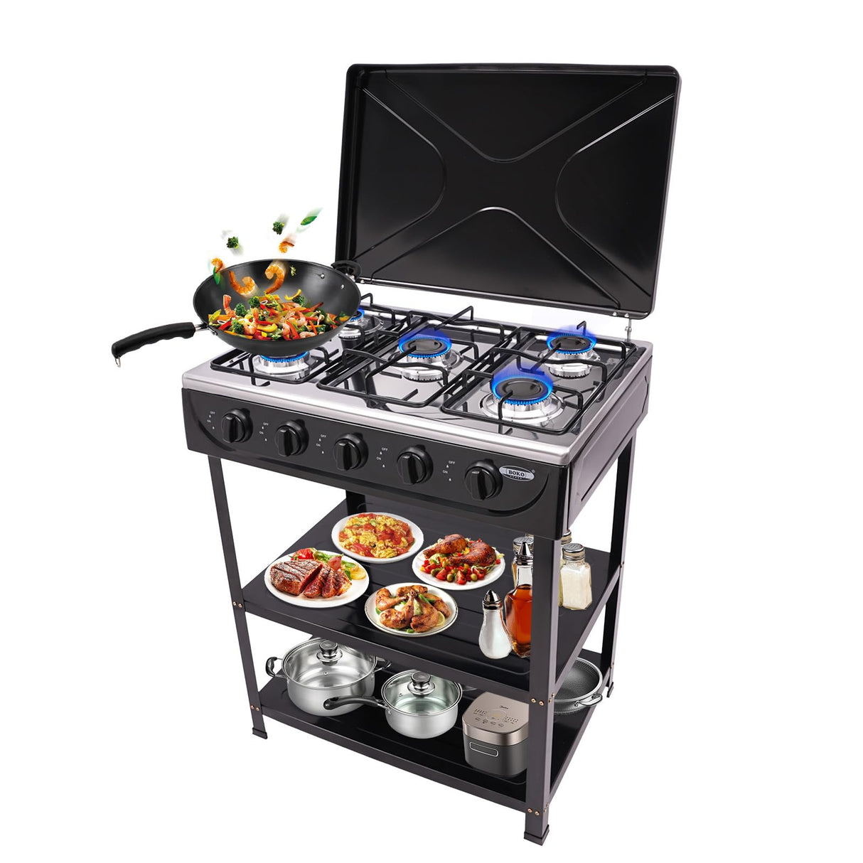 Propane Gas Stove 5 Burner/4 Burner, Portable Natural Gas Stove Outdoor Camping BBQ Stove Gas Cooker with 2 Tier Storage Rack, for RV, Apartment, Outdoor Cooking (Black, 5-Burner) BUKGOCUMN