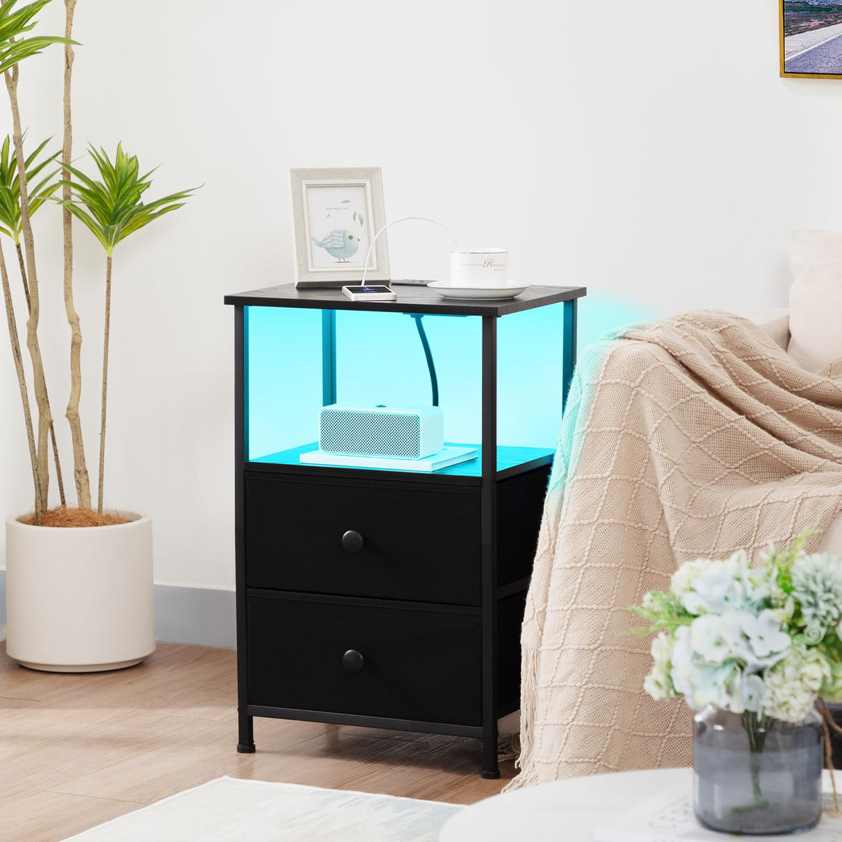 LOAKEKEL Night Stand Set 2, LED Nightstand with Charging Station, End Tables with Storage Shelf, Bedside Table with 2 Fabric Drawers for Bedroom, Small Spaces, Black, HETS02BK LOAKEKEL