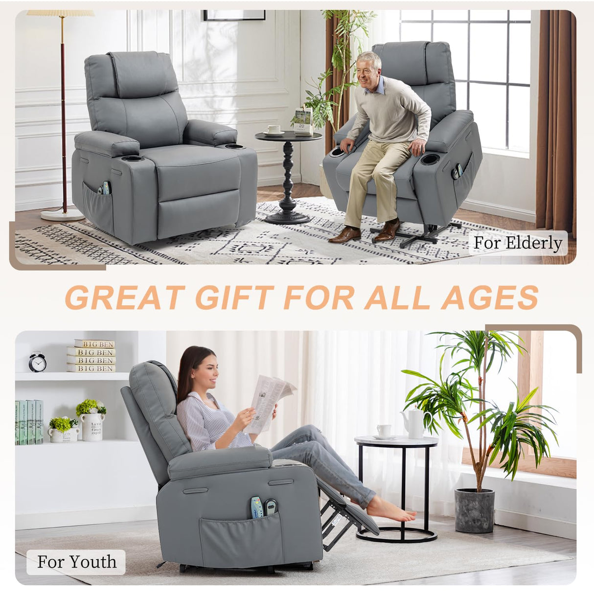 Power Lift Recliner Chair for Elderly, Electric Stand Assist Reclining Chair with Massage and Heat Function, Leather Living Room Furniture, Comfy Single Sofa with Cup Holders, Side Pockets, Gray BRTHORY
