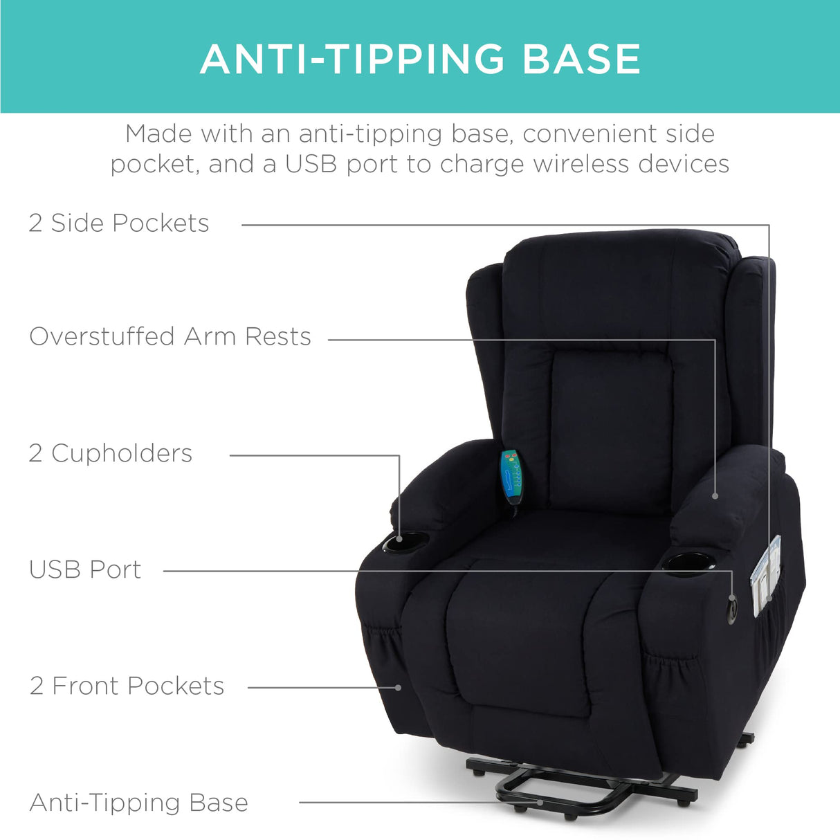 Best Choice Products Modern Linen Electric Power Lift Chair, Recliner Massage Chair, Adjustable Furniture for Back, Legs w/ 3 Positions, USB Port, Heat, Cupholders, Easy-to-Reach Button - Black Best Choice Products