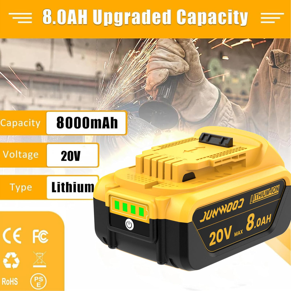 JUNWOOD 4Pack 8.0Ah Replacement for Dewalt 20V Battery Lithium Max XR Cordless Tools DCB180 DCB205 DCB206 DCB206-2 DCB200 DCB204 DCB204BT-2 DCB203 DCB201 DCB207 JUNWOOD