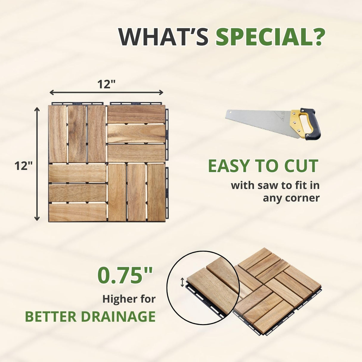 BEEFURNI Acacia Interlocking Deck Tiles (12"x 12" 10 PCS), Wood Deck Tiles Interlocking Outdoor All Weather, Patio Flooring for Indoor Outdoor use, 1-Year Manufacturer Warranty (Natural Wood) BEEFURNI