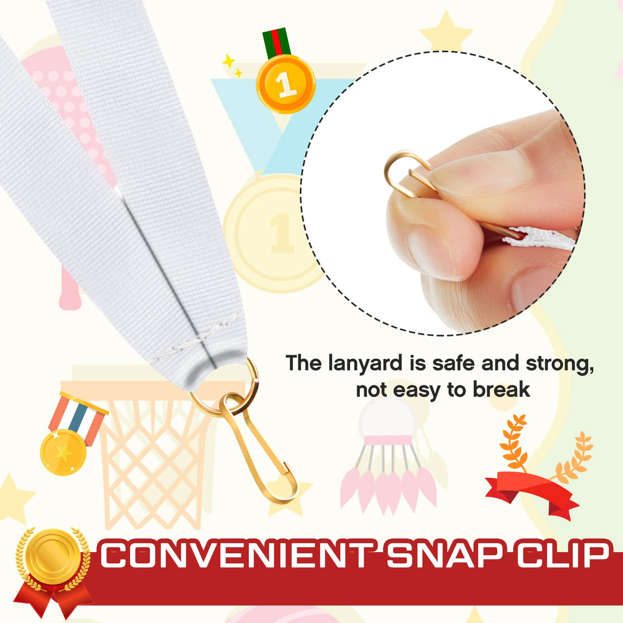 Berlune 100 Pcs Neck Ribbon with Snap Clips Solid Award Ribbon Lanyards Blank Medal Ribbons Flat Award Holder for Kids Adults Student Competitions Sports Party Achievement (White) Berlune