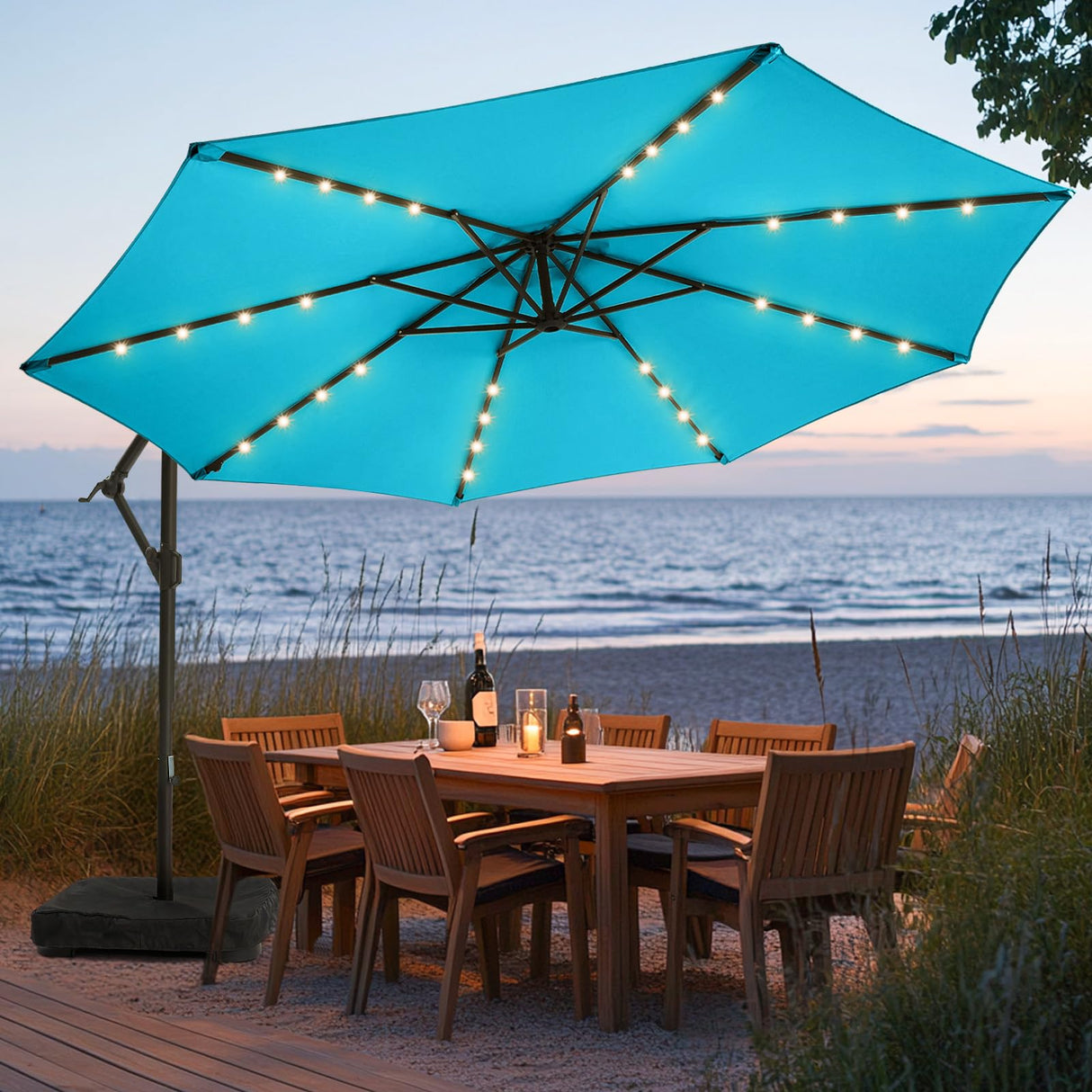 wikiwiki 10FT Solar Patio Offset Umbrella with Base Included, Outdoor Cantilever Umbrella Hanging Umbrellas with Weighted Sandbag Base, Market Patio Umbrella for Backyard, Garden & Deck, Sky Blue wikiwiki