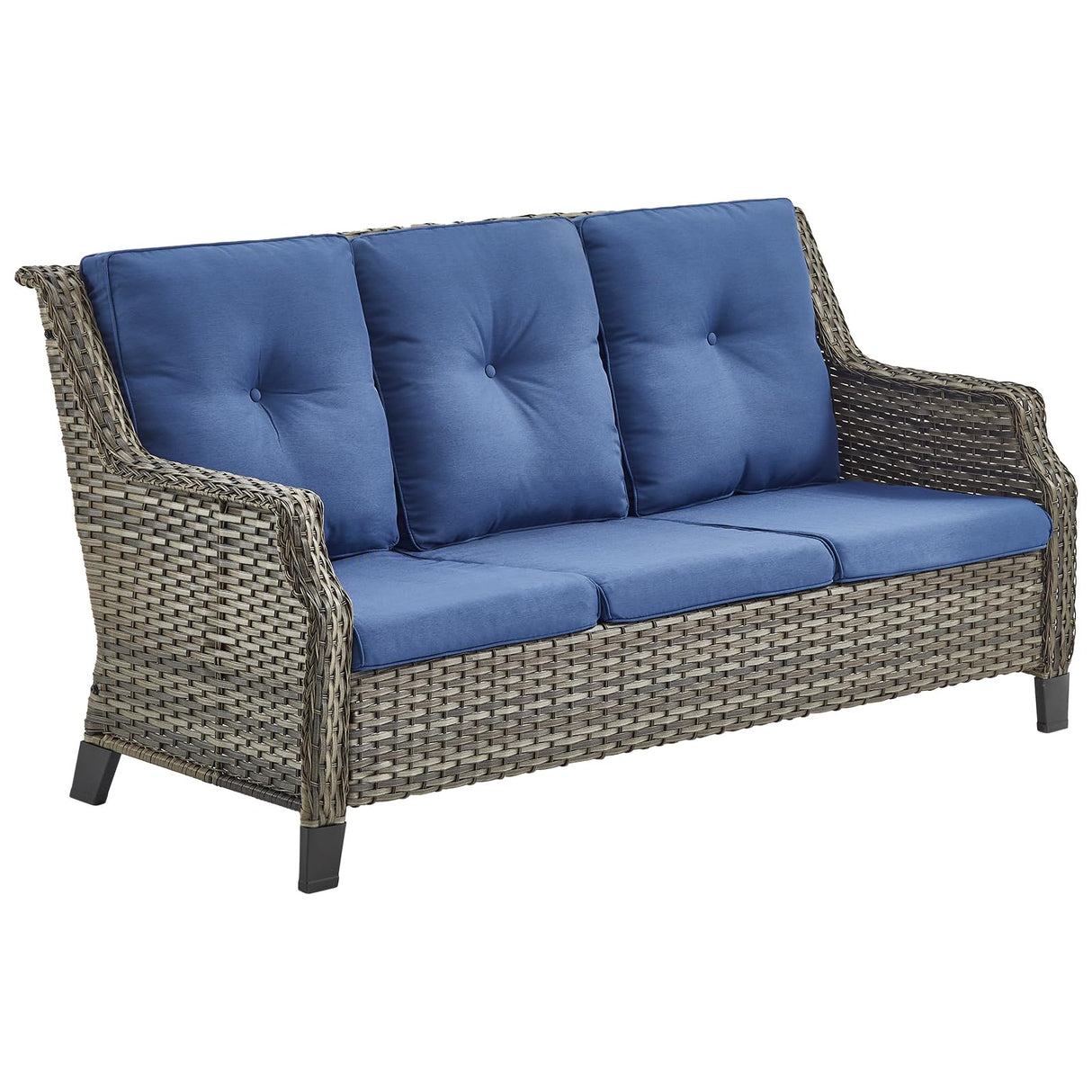 Bellefurn Patio Sofa Couch Outdoor Wicker Sofa PE Rattan 3-Seat Couch with Curved Armest Water Resistant Cushions for Garden Balcony Sunroom Poolside, Grey Wicker|Blue Cushions, Sofa(1PC) Bellefurn