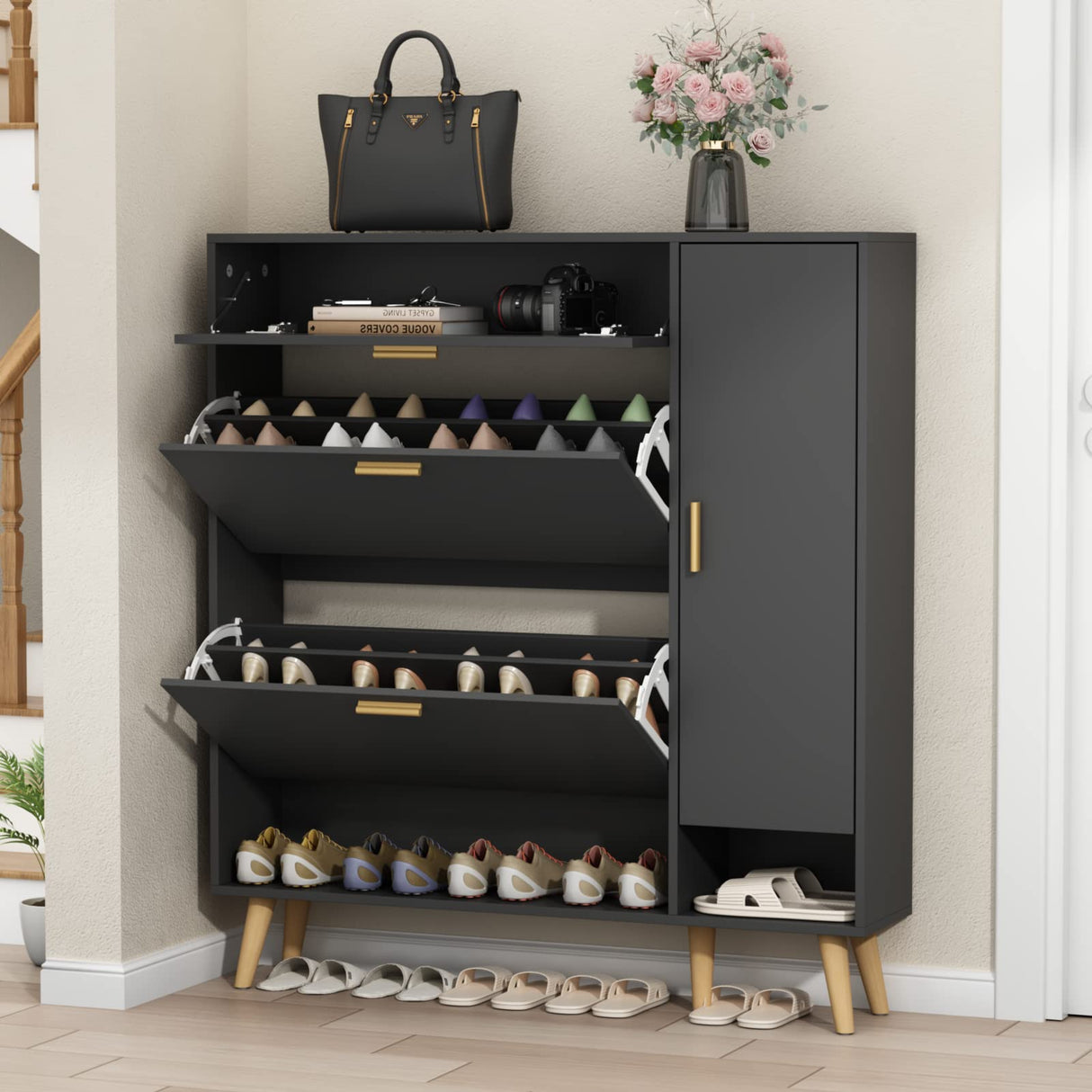 Gyfimoie Shoe Rack Cabinet, Free Standing Shoes Storage Organizer Cabinet with 2 Flip Drawers, Entryway Narrow Shoe Rack Storage with Doors for Entryway Gyfimoie