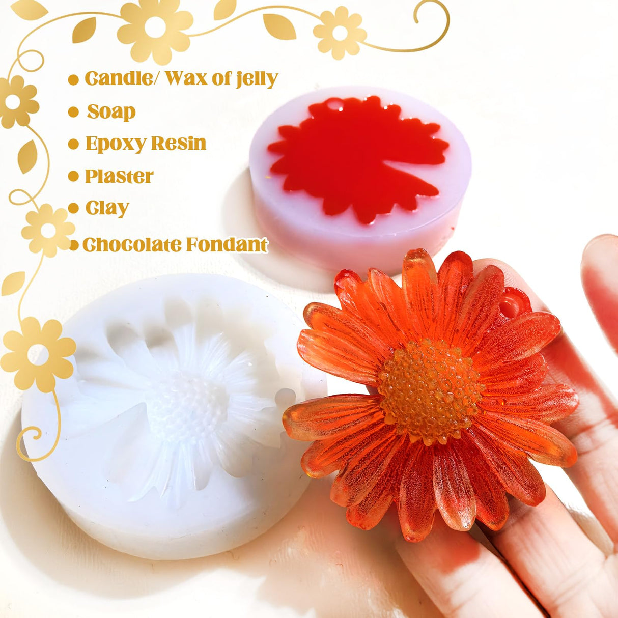 4 PCS Daisy Flower Silicone Molds for Candles, 3D Flower Candle Mold Silicone Daisy DIY Soap Wax Epoxy Resin Plaster Concrete Casting Polymer Clay Craft, Chocolate Fondant Cake Topper Decoration Mold Keromtein