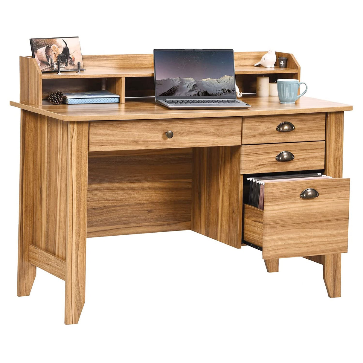 Catrimown Computer Desk with Drawers and Hutch, Farmhouse Home Office Desk Writing Table Wood Executive Desk Student Desk with File Drawer for Small Space, Bedroom, Rustic Oak Catrimown
