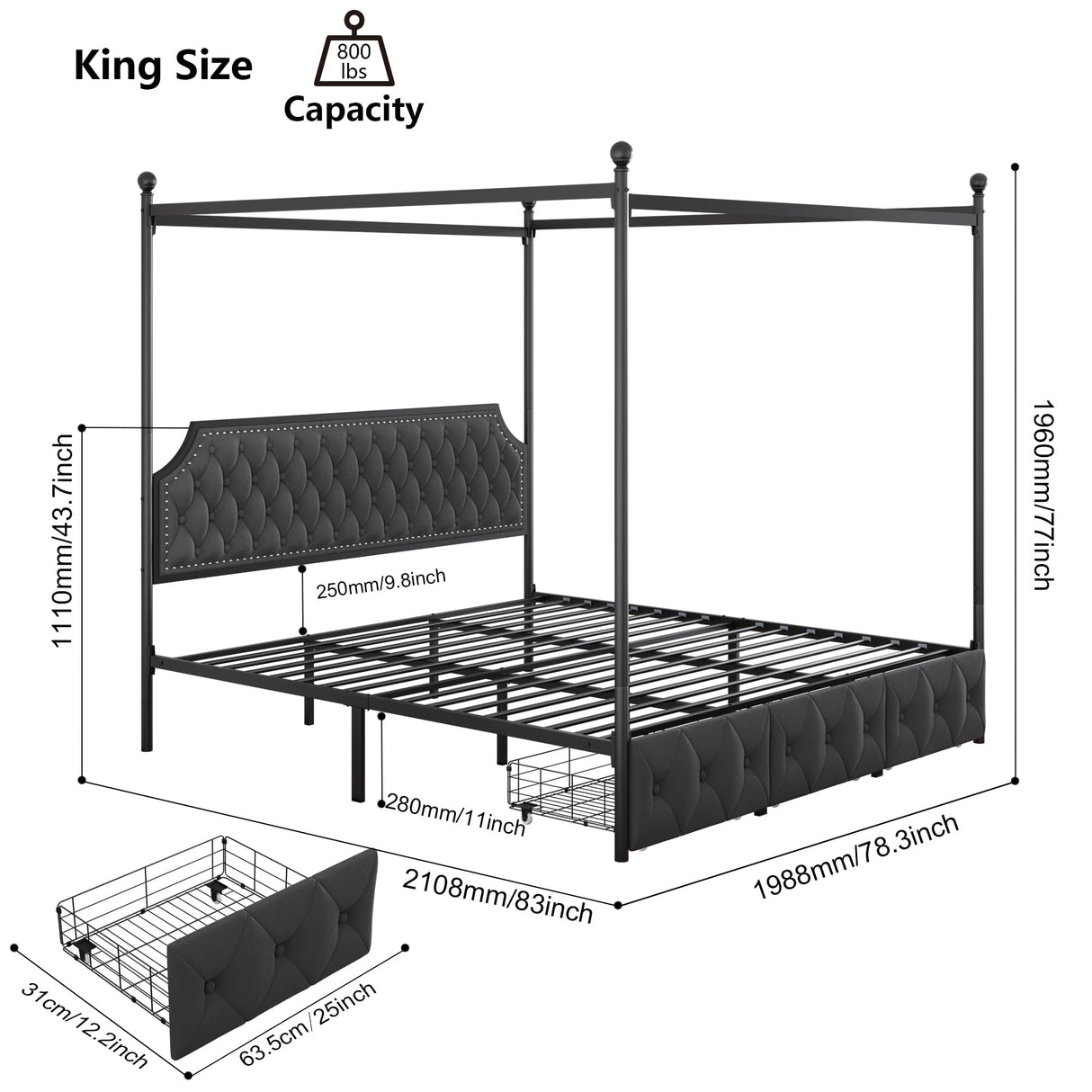 Keyluv King Upholstered Canopy Bed Frame with 3 Drawers and Button Tufted Headboard Metal Platform Bed with 4 Removable Posts Two-Purpose Velvet Bed No Box Spring Needed Dark Grey/Curtain Not Included Keyluv