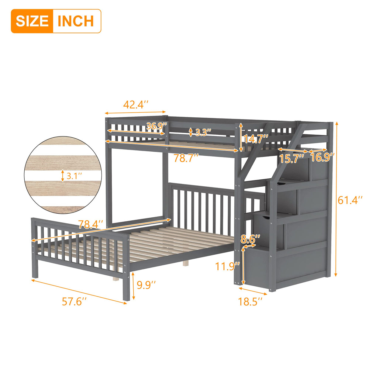 Twin over Full Bunk Bed with Staircase, L-Shaped Loft Bed Frame with Full-Length Guardrail and Storage Stairway, Multi-Function Convertible Loft Beds and Platform Bed, No Box Spring Needed, Grey Janusline