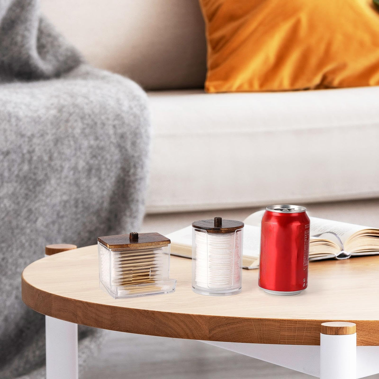 Tbestmax Qtips Holder Bathroom Container, 10/7 OZ Cotton Ball/Swabs Dispenser, Apothecary Jar Organizer for Storage Brown Wood Lids Tbestmax