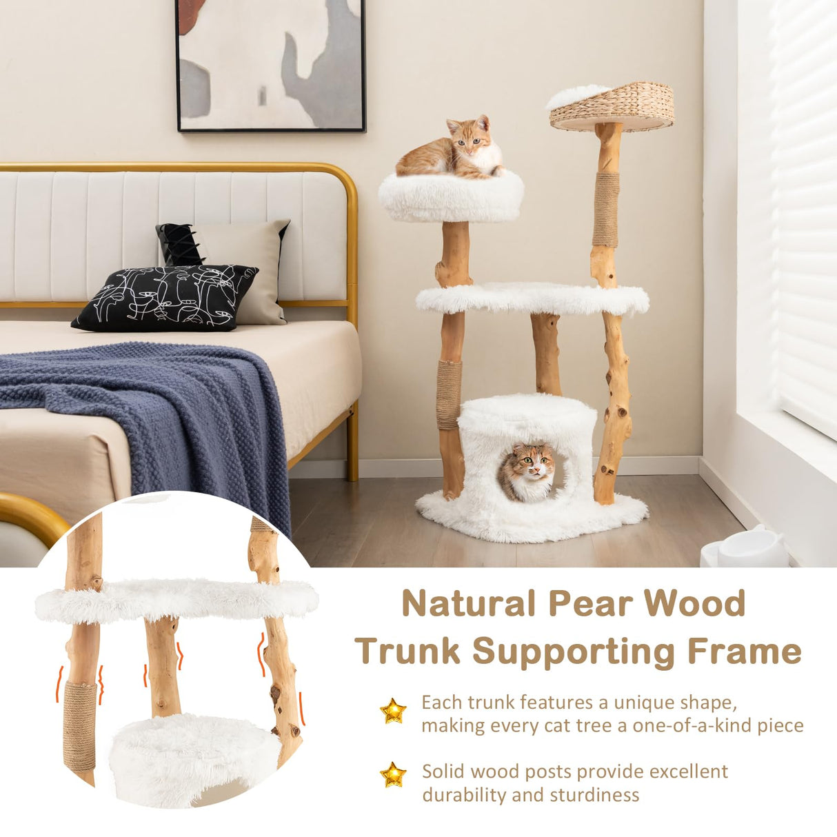 PETSITE 49" Tall Wooden Cat Tree, Solid Wood Cat Tower with Jute Scratching Posts, Cat Condo, Cattail Fluff Top Perch, Multi-Layer Cat Activity Center, Modern Cat Climbing Furniture for Indoor Cats PETSITE
