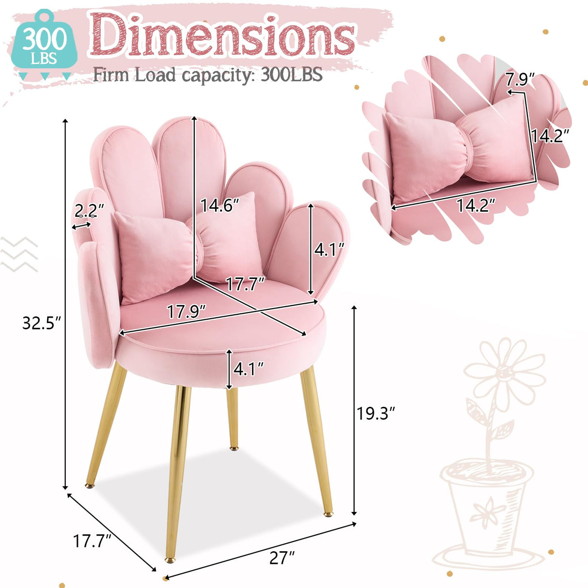 VINGLI Petal Makeup Vanity Chair with Back,Flower Cute Girls Desk Chair Comfy No Wheels,Modern Dining Chair,Small Accent Chair with Adustable Gold Legs&Bow Pillow for Home Office,Bedroom,Velvet,Pink VINGLI