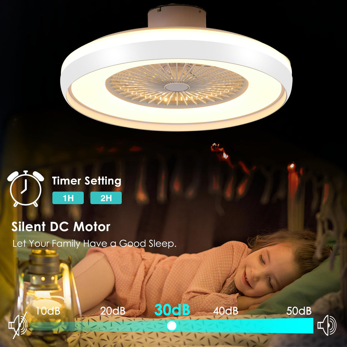 HUMHOLD 24" Bladeless Ceiling Fan with RGB Light Remote, Smart LED Ceiling Fans with Voice/App Control, Modern Low Profile Dimmable Light Ceiling Fan for Bedroom Living Room HUMHOLD