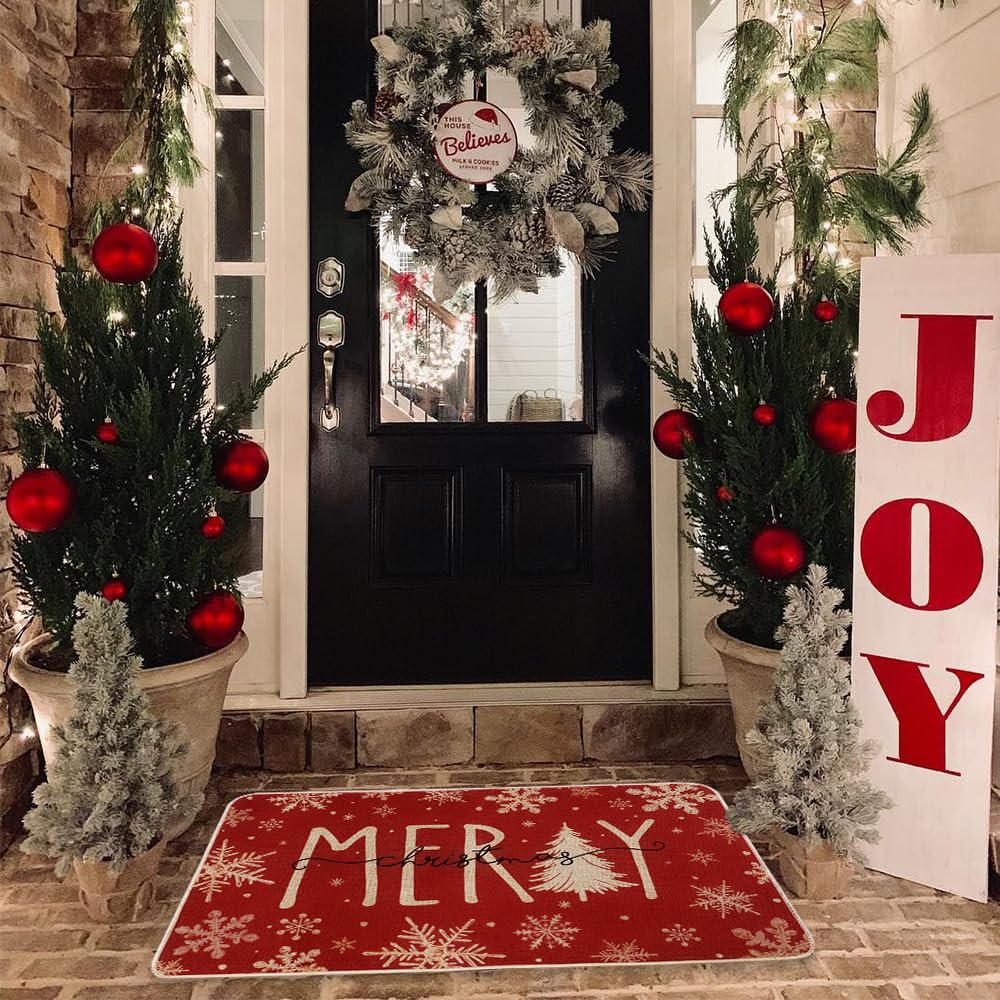 Heirloom Haven Merry Christmas Snowflakes Red Winter Doormat 17 x 29 Inch, Christmas Tree Holiday Decorative Throw Mat Non-Skid Entryway Mat Washable Floor Mats for Bedroom Living Room Kitchen Heirloom Haven