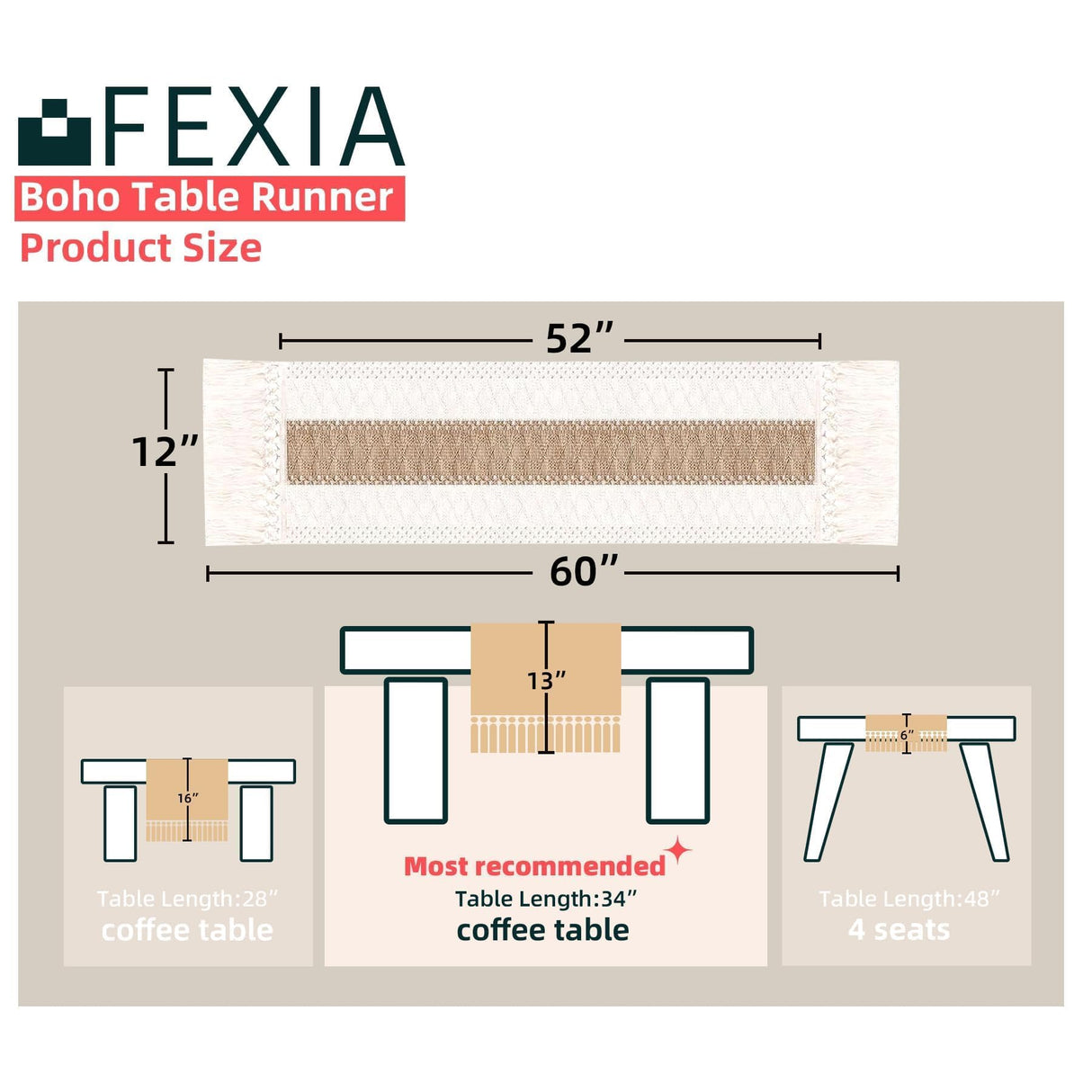 FEXIA Boho Table Runner with Tassels 60 Inches Long Thanksgiving Farmhouse Rustic Cream & Brown Macrame Table Runner for Home Dining Bedroom Bridal Shower Decor(12x60 Inches) FEXIA