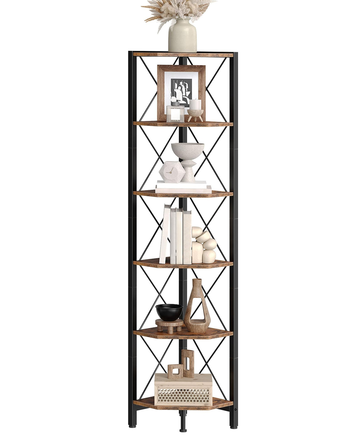 CHOEZON 6-Tier Corner Shelf, Corner Bookcase, 66.9" Tall Vertical Display Rack, Plant Stand, Open Storage Shelf, for Living Room, Bedroom, Study, Kitchen, Rustic Brown and Black TCJ13BF CHOEZON