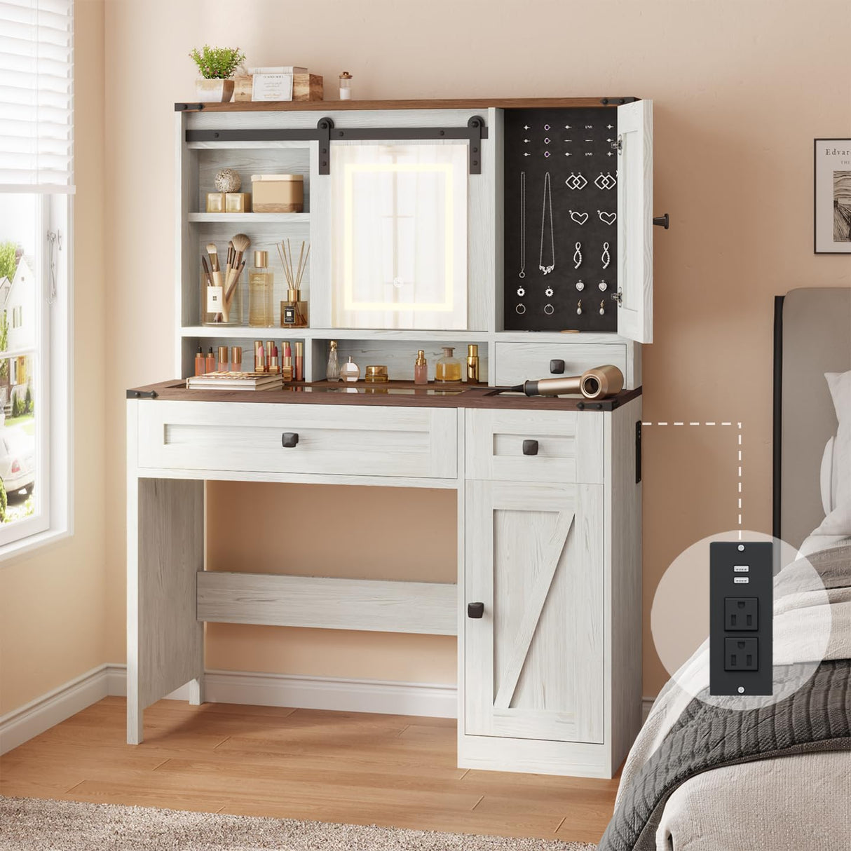EROMMY 42" Farmhouse Makeup Vanity Desk with Lighted Mirror & Power Strips, Vanity Table with Sliding Barn Door, Open & Hidden Shelves, Drawers, Jewelry Cabinet, White Dressing Table, Light Adjustable EROMMY