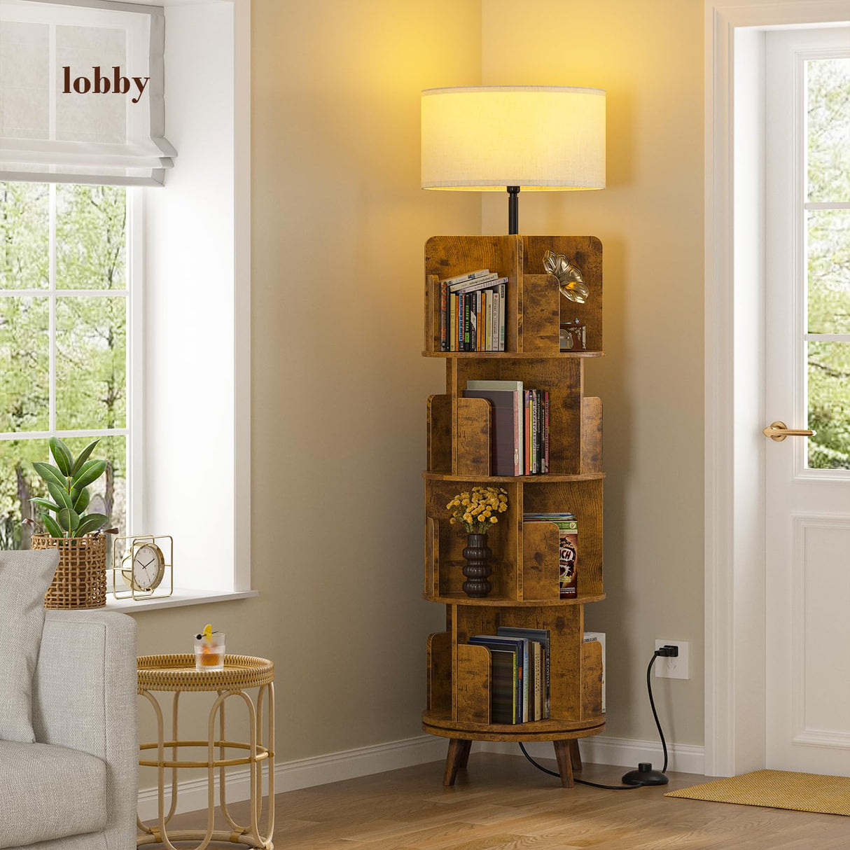 TVU 4Tire Rotating Bookshelf with Light, 360 Degree Spinning Book Shelf Tower, 4-Tier Circular Bookcase for Small Spaces, Fits Any Corner, for Study、Living Room、Bedroom、Office, Flame Finish TVU