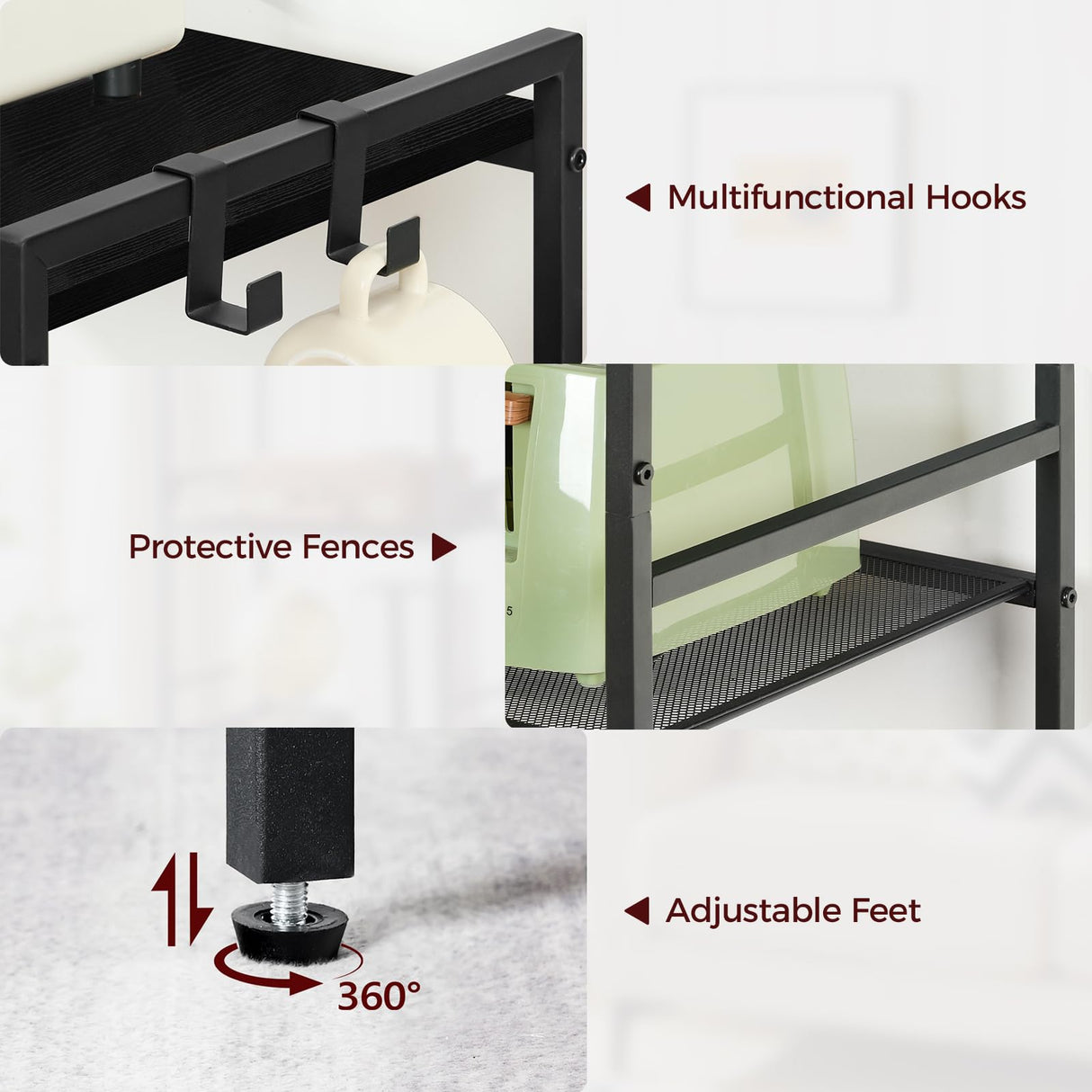 MAHANCRIS Bakers Rack with Power Outlet, Microwave Stand with Hooks, Multifunctional Storage Rack, Coffee Bar with Enclosure, Kitchen Storage Shelf, for Kitchen, Dining Room, Black BRHB40E01 MAHANCRIS