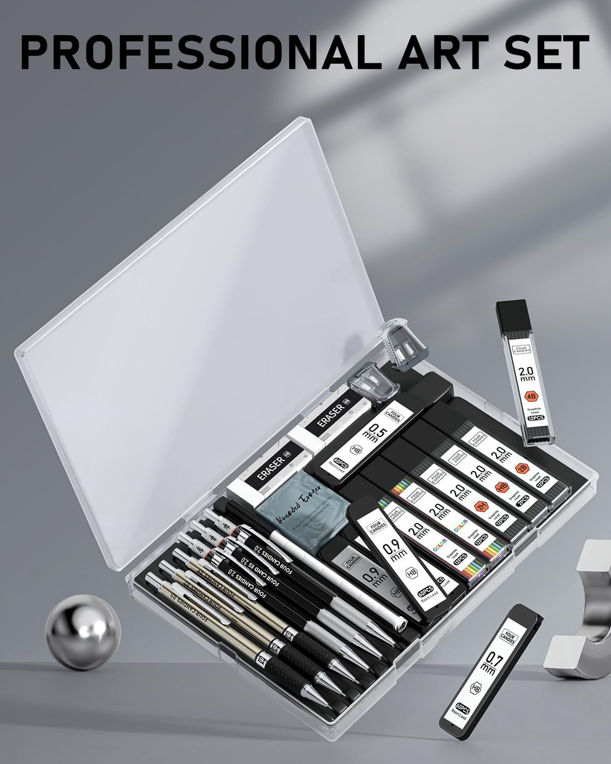 FourCandies 25PCS Art Mechanical Pencil Set with Case, 3PCS Metal Artist Lead Pencil 0.5, 0.7, 0.9 mm & 3PCS 2mm Lead Holder(HB 2H 2B 4B Color) with 432PCS Graphite Lead Refills for Drawing Sketching Four Candies