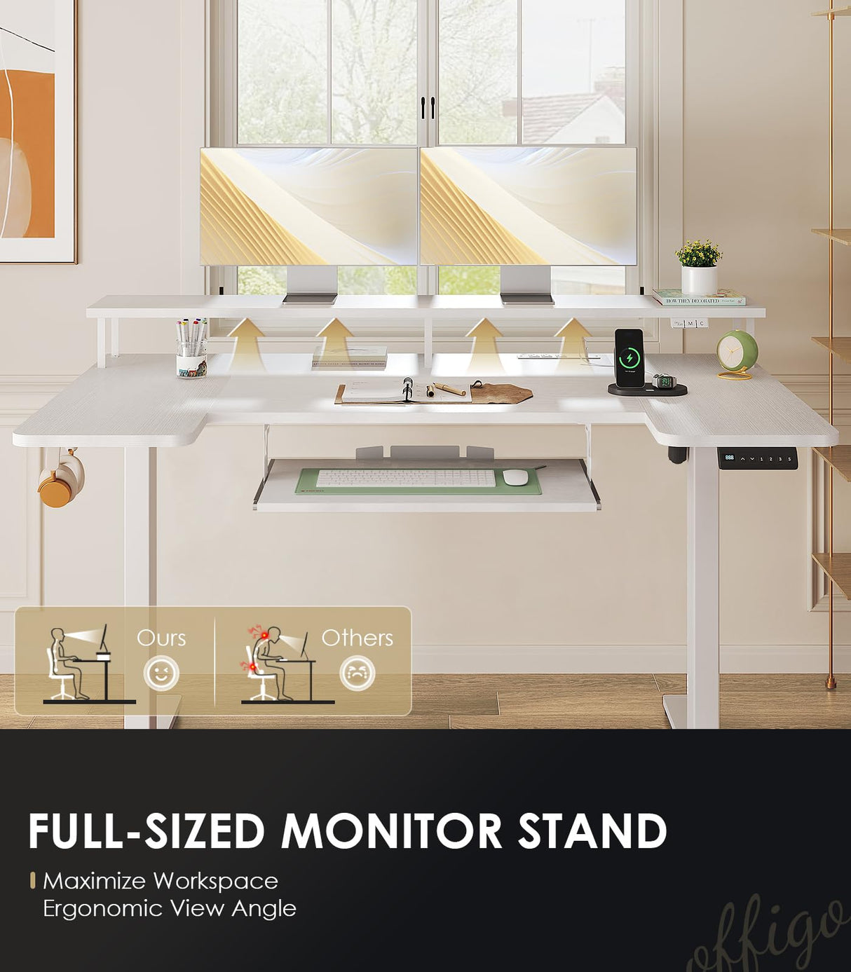 OffiGo U Shaped Electric Standing Desk with Keyboard Tray, 55 Inch Height Adjustable Desk with Power Outlets & LED Lights, Sit Stand Table with Monitor Stand for Home, Office, White OffiGo