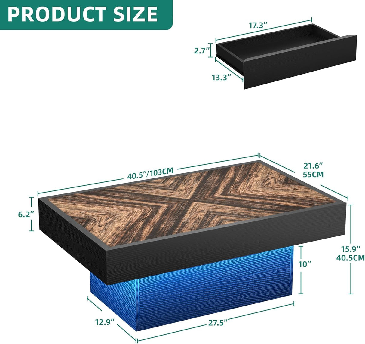 YITAHOME LED Game Coffee Table with 2 Drawers Storage, Rectangle Modern Gaming Black Coffee Tables Engineered Wood Low Coffee Tables for Living Room Decor, Farmhouse Rustic Center Table, Black YITAHOME