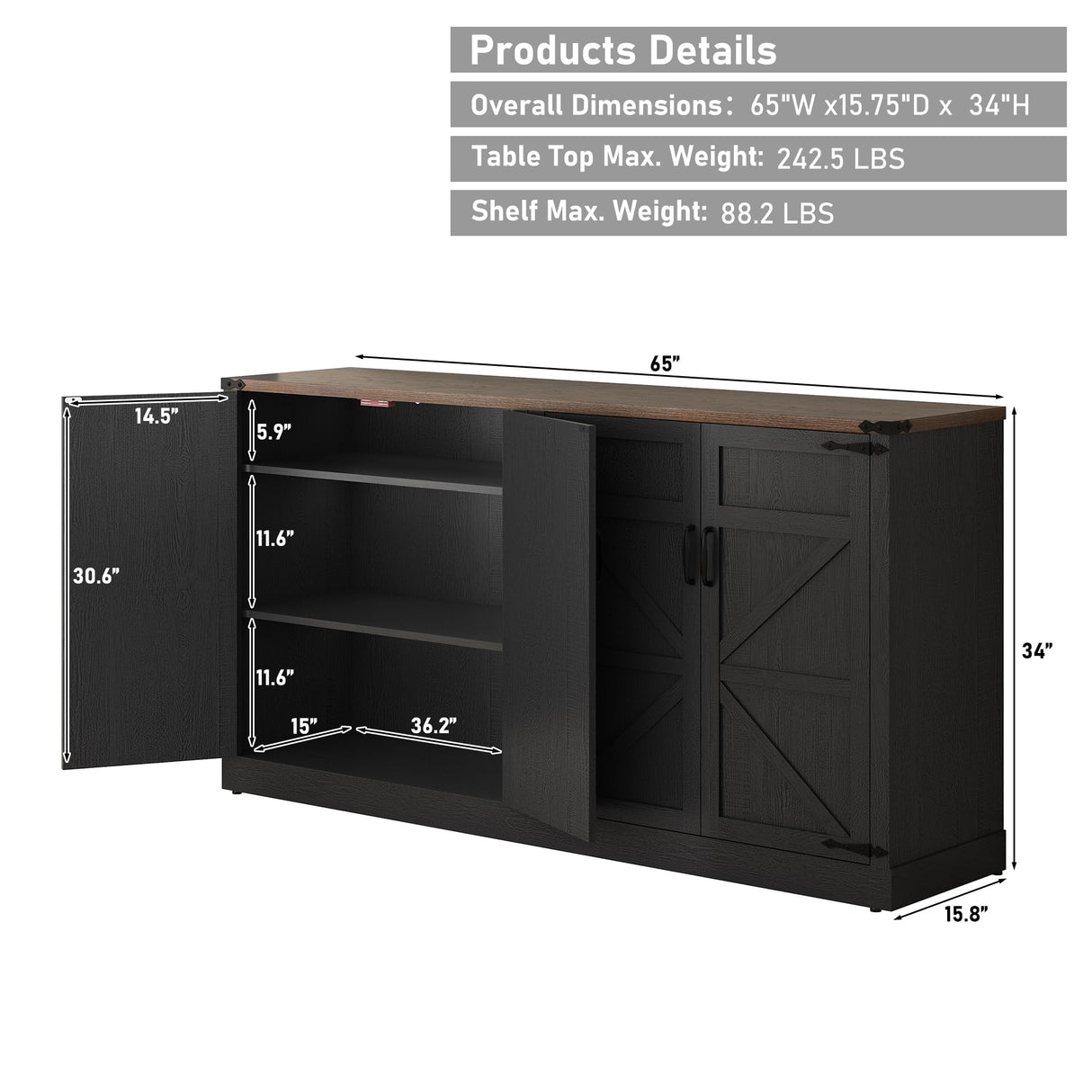 Sideboard Buffet Cabinet with Storage - 65 Inch Farmhouse Kitchen Pantries Sideboard Cabinets with Adjustable Shelves, Wooden Coffee Bar Cabinet Buffet Table for Kitchen, Dining Room, Black chartustriable