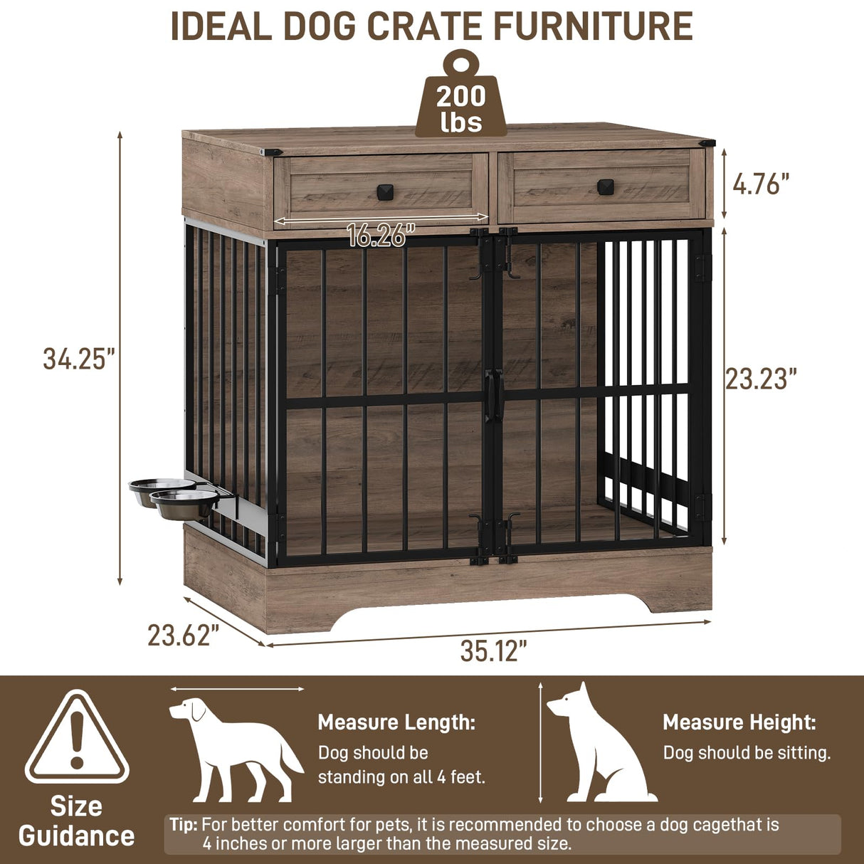 Dog Crate Furniture, 35 Inch Dog Kennel Indoor Furniture with Storage Drawers Rustic Pet Cage End Table with 2 Adjustable Bowls for Small/Medium/Large Dogs Halitaa