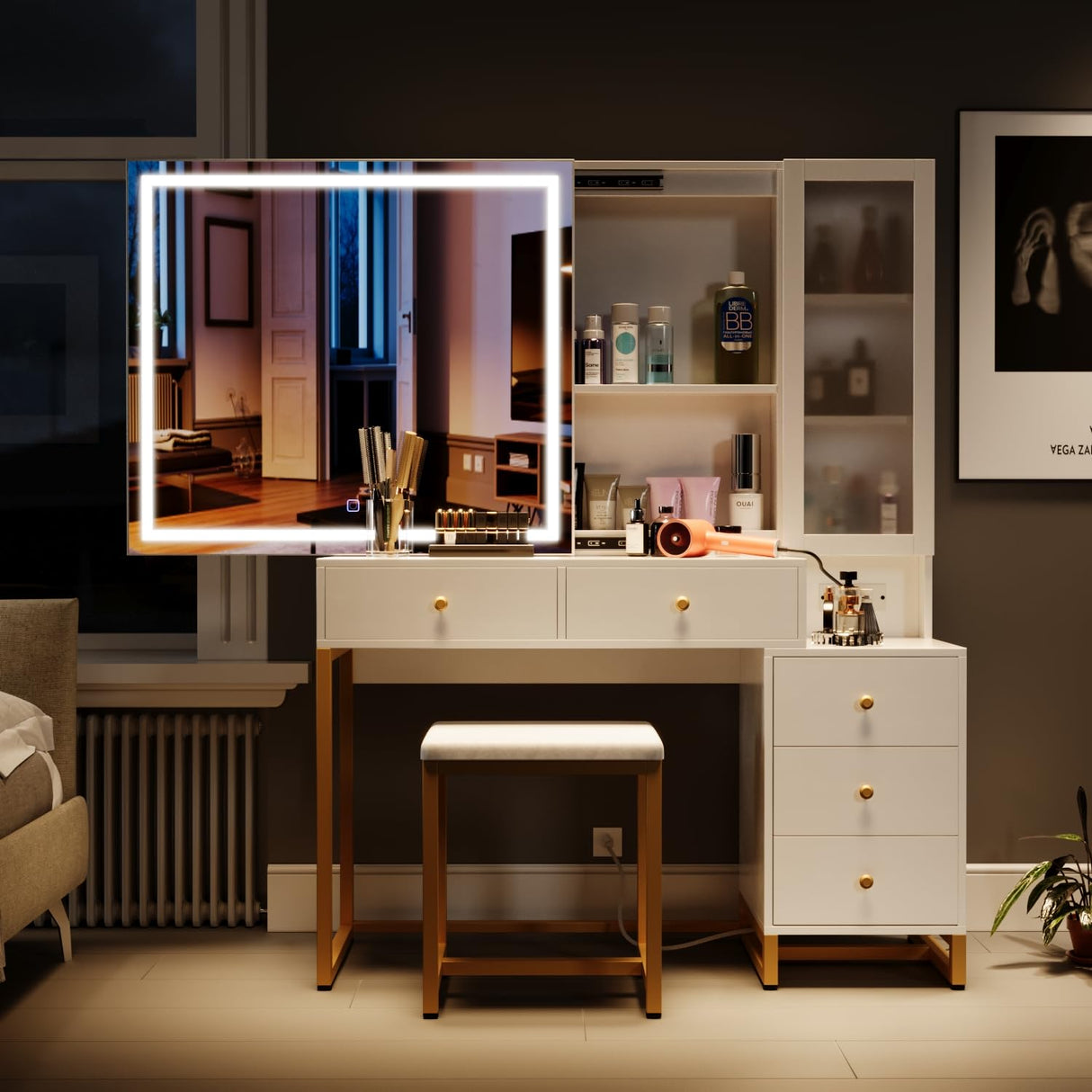Jartoil Vanity Desk with Lighted Mirror and Charging Station, Extra Large Mirror Vanity Dresser with Storage Shelves, Modern Vanity Set with Nightstand, Cushioned Stool (White-1) Jartoil