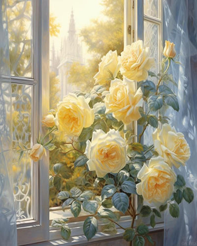 QACEYID Painting by Numbers, Delicate Yellow Roses in Front of The Window, Paint by Numbers for Gift Home Wall Decor, 40x50cm, Without Frame