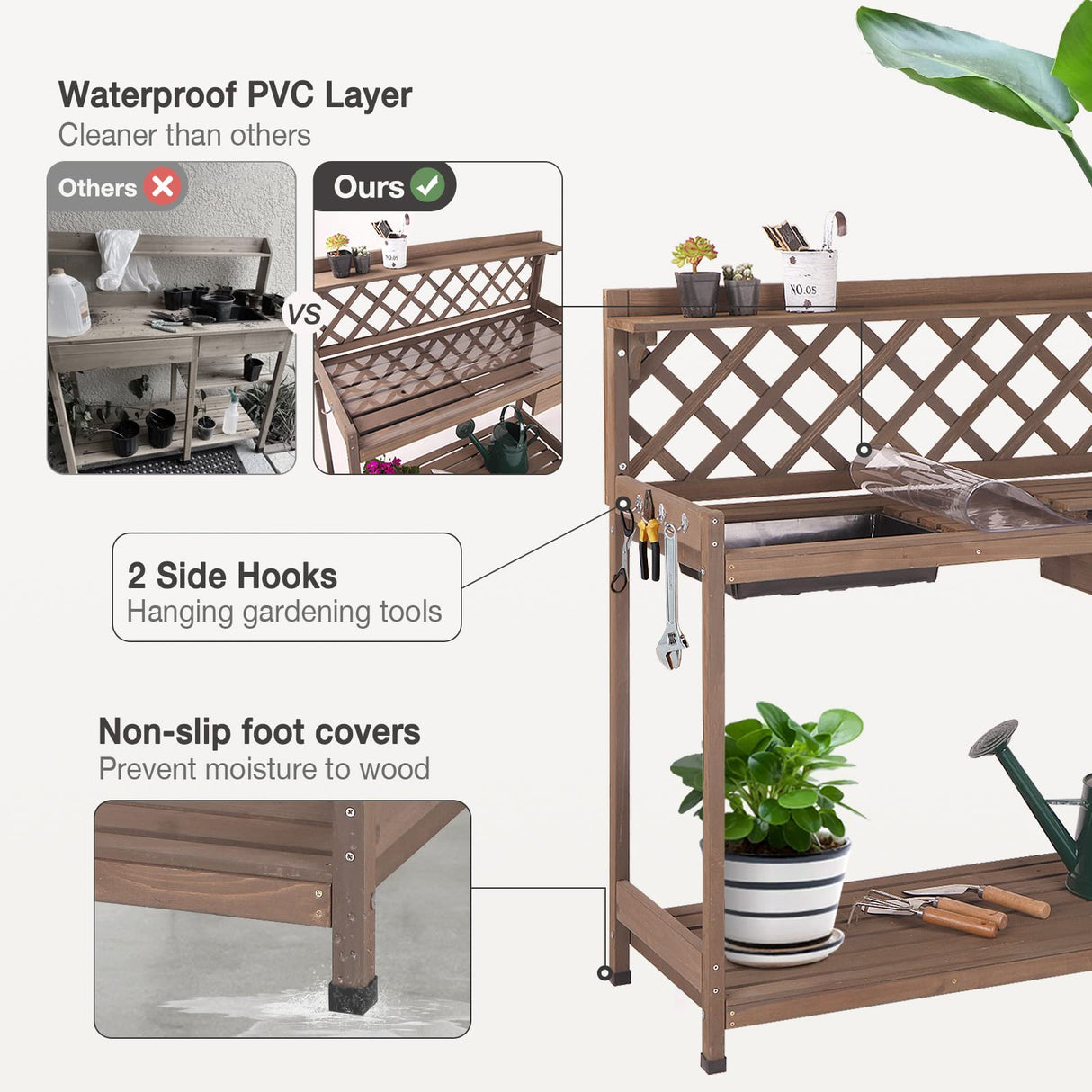 Potting Bench Potting Table Potting Benches for Outside 44 Inch Fir Wood Garden Potting Station Garden Table PVC Layer Storage Shelf Sink Drawer Hooks MEDEHOO
