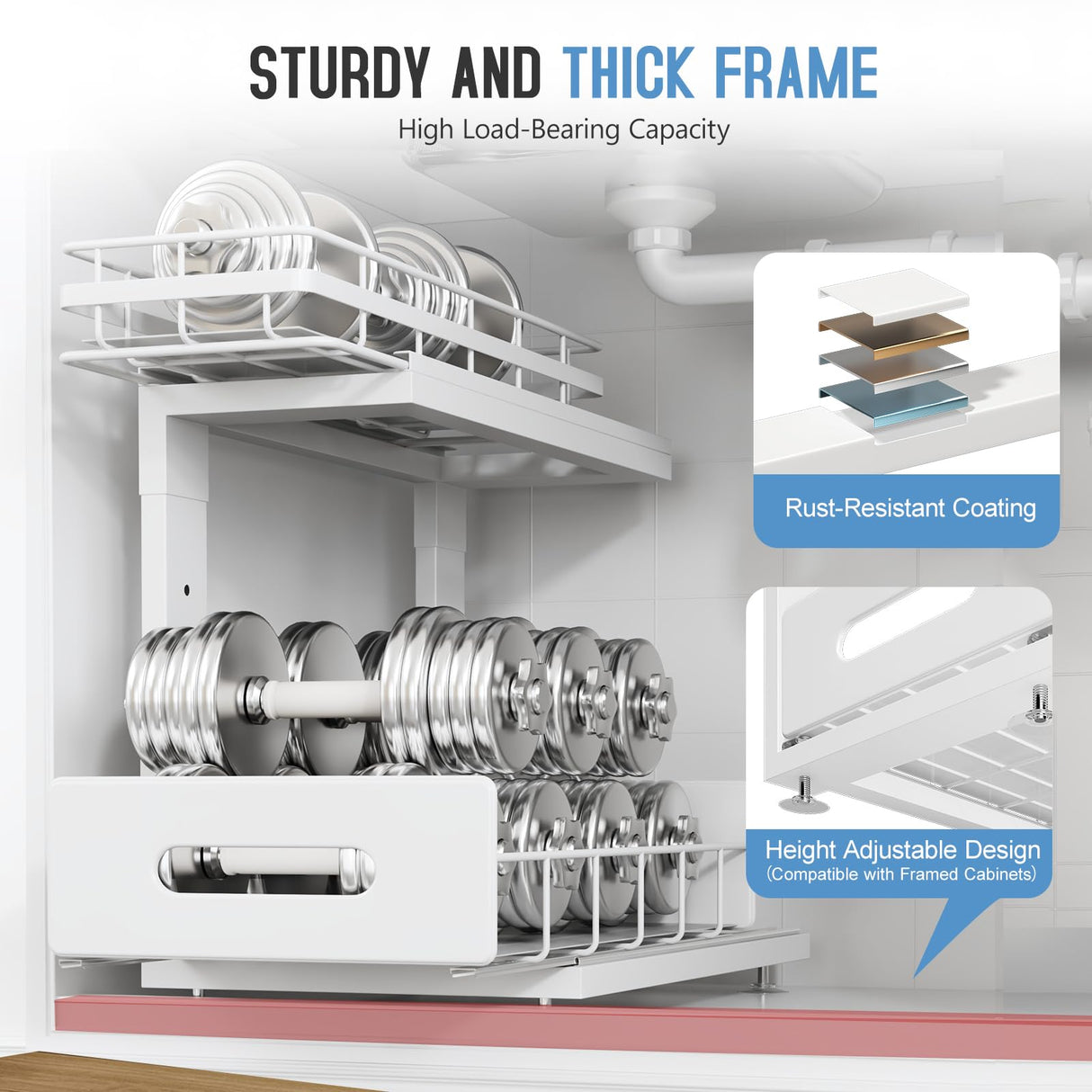 Biboraya 2 Pack Under Sink Organizer with Smooth Ball Bearing Slides,2-Tier Pull Out Cabinet Storage,Slide Out Drawers for Bathroom&Kitchen,Under Sink Shelf,Rust-resistant Coating,Height Adjustable Biboraya