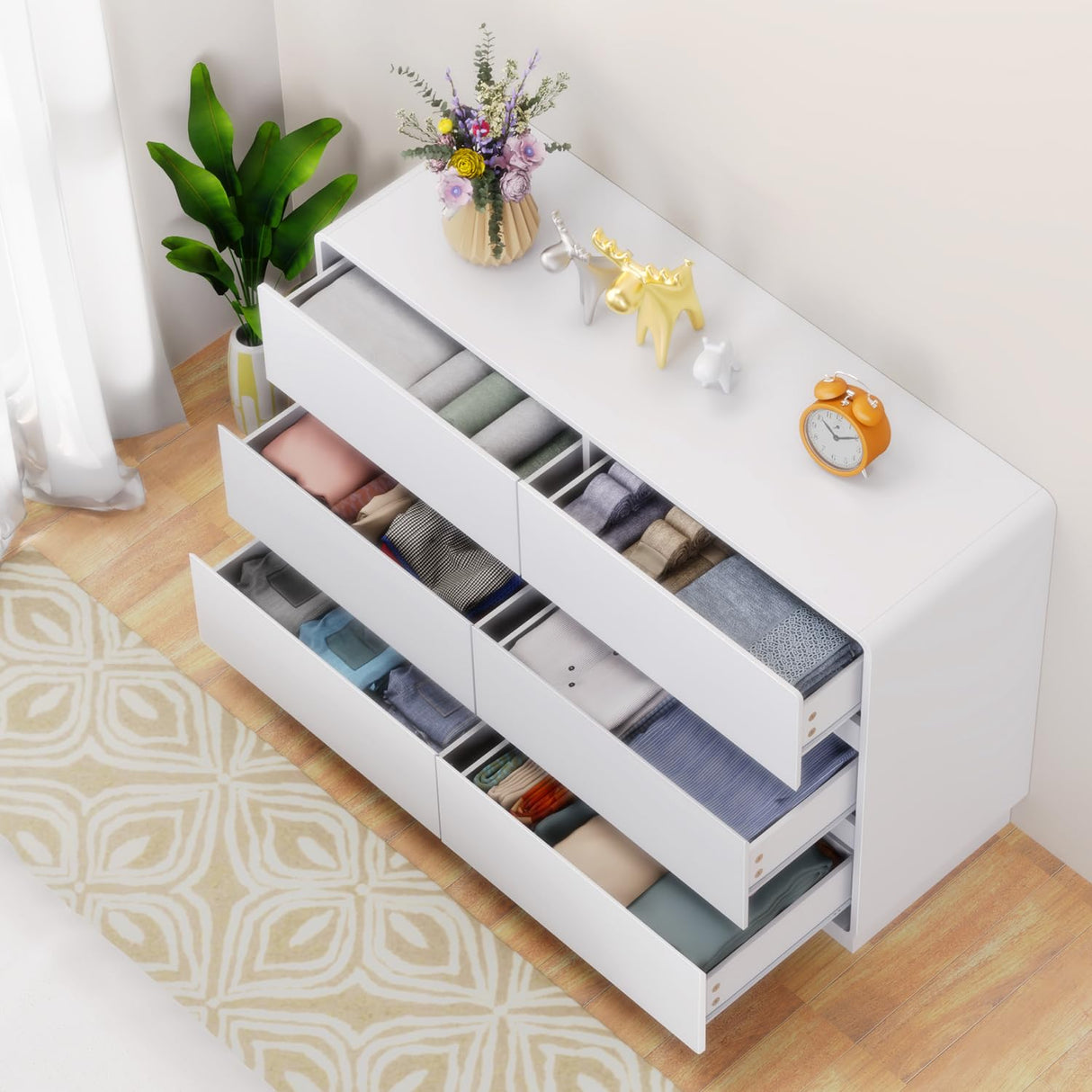 OTUTUMUS 6 Drawers Double Dresser, White Modern Chest of Drawer, Curved Edged Wood Dresser for Bedroom Living Room, Closet, Office, Hallway OTUTUMUS