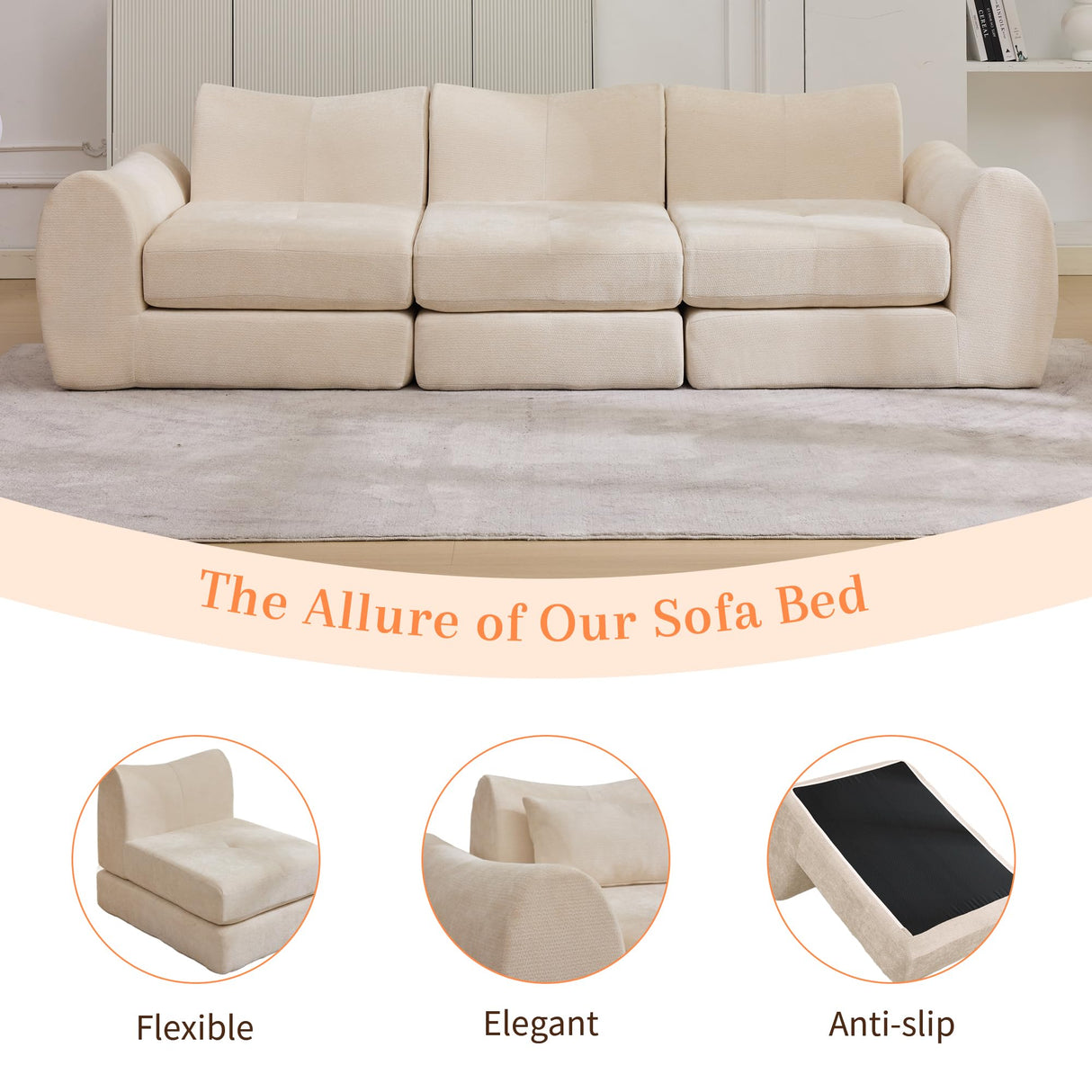 MAXMAXX 102" Cloud Sofa, 4-in-1 Folding Sofa Bed, Floor-Standing Boneless Couch, Futon Sofa Bed for Living Room, Bedroom and Entertainment Room (Beige) MAXMXX