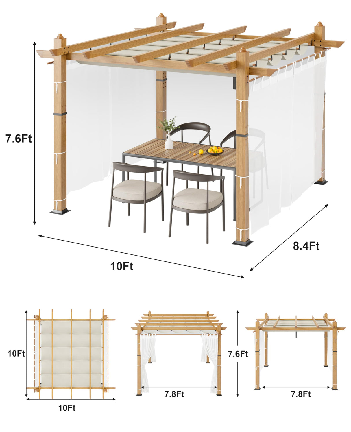 Garvee 10x10 Ft Outdoor Retractable Pergola with Canopy and Side Mesh Screen, Upgraded Wood-Grain Post Aluminum Pergola, Modern Pavilion for Backyard, Patio, Porch, Grape Trellis, Beige+White Garvee