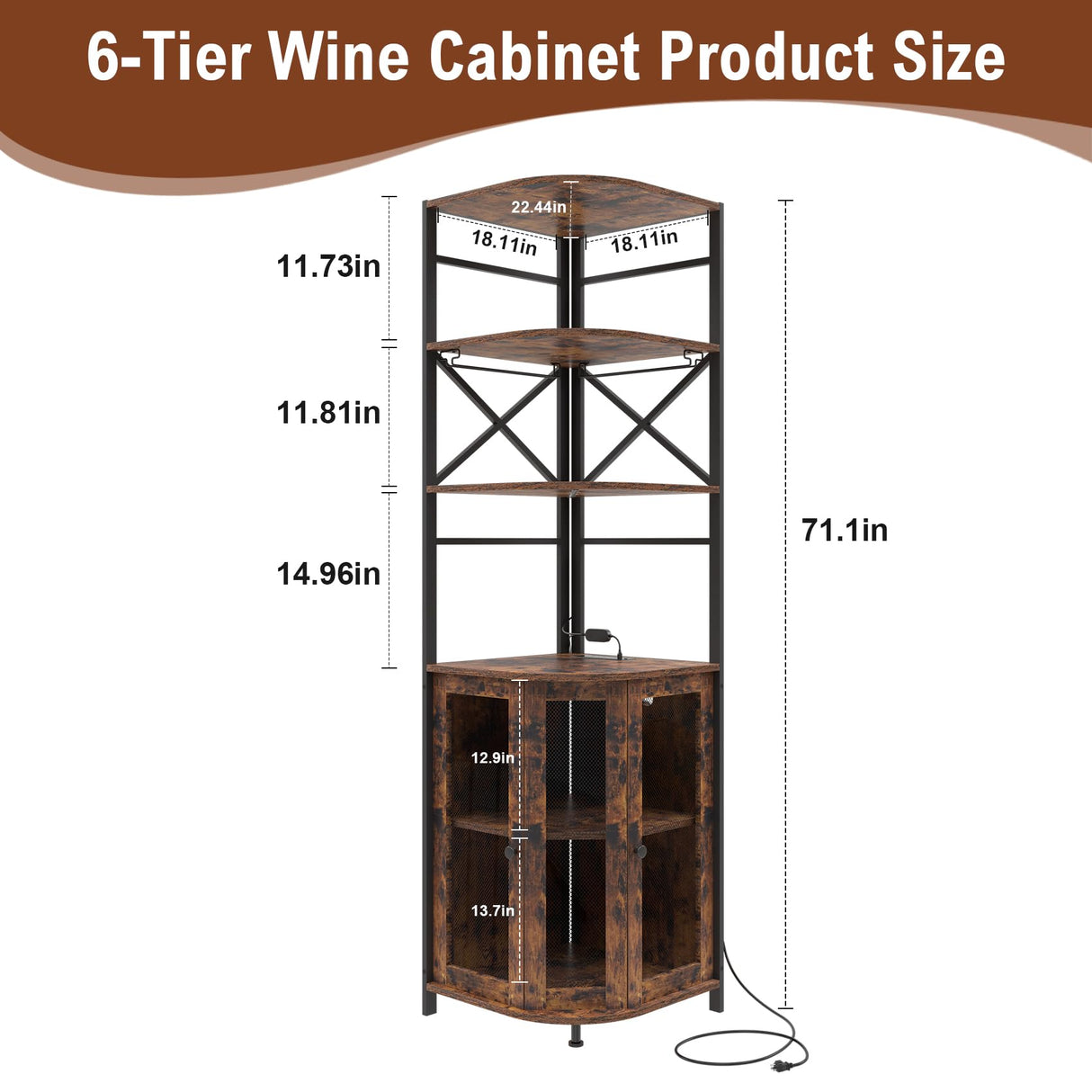 Aufvolr Wine Bar Cabinet with Power Outlet, 6-Tiers Industrial Wine Cabinet with LED Light and Glass Holder, Corner Wine Cabinet with Adjustable Shelf, Liquor Cabinet Bar for Christmas Aufvolr