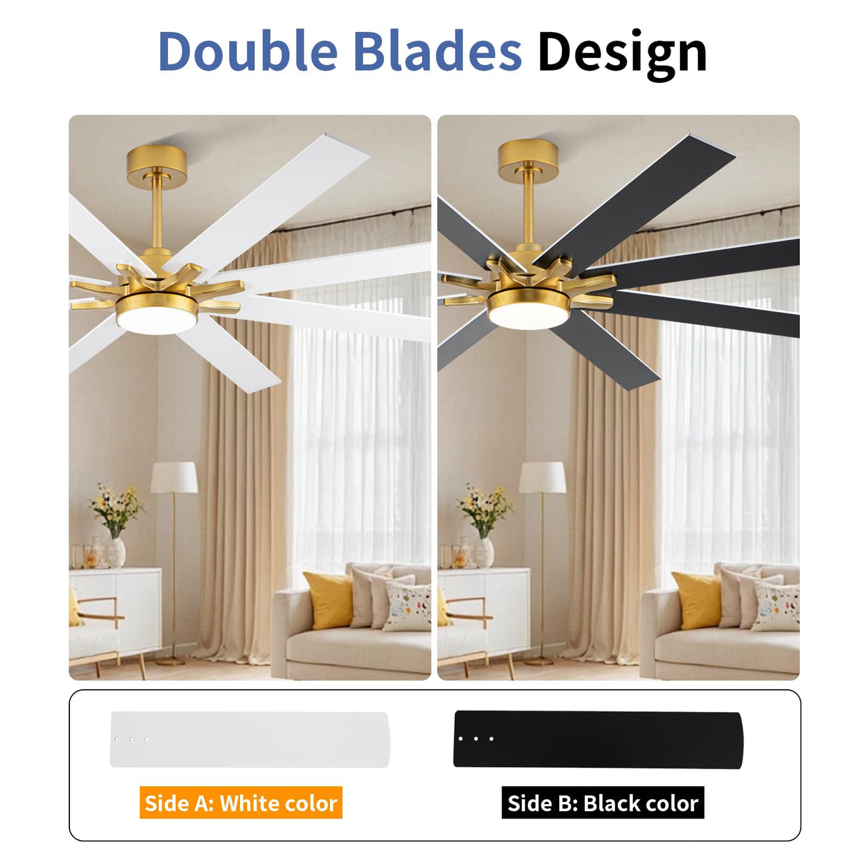 LANMEL 72'' Ceiling Fan with Lights and Remote, Low Profile Modern Ceiling Fan Gold, 6 Speed, Reversible, 3000k-6000k Dimmable LED, Quiet DC Motor for Indoor Outdoor Bedroom Living Room LANMEL