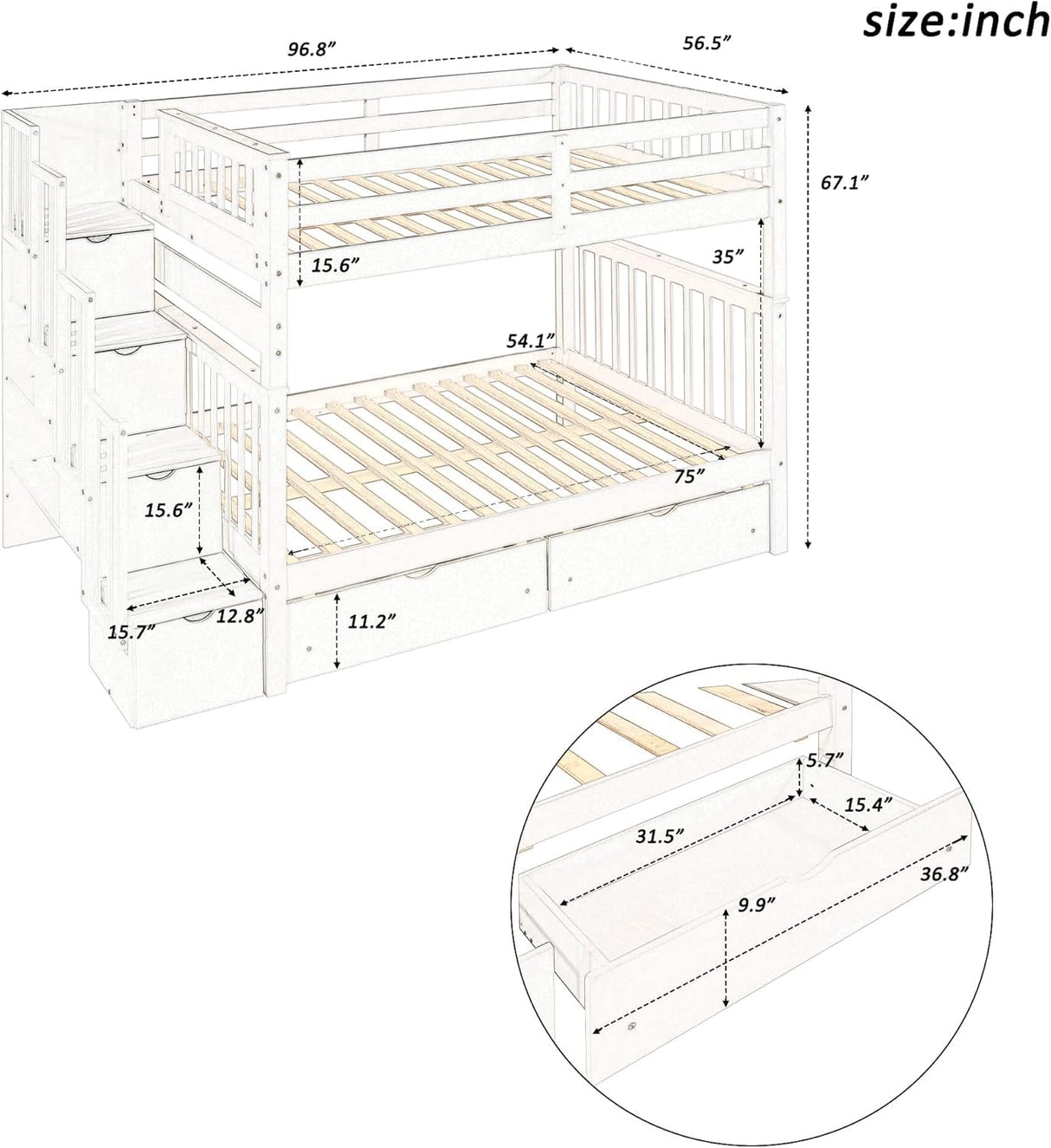 MERITLINE Full Over Full Convertible Bunk Bed with Storage Stairs, Storage Shelves and Drawers,Solid Wood Detachable Bunk Bed with Bookcase and Ladder for Adults,No Box Spring Needed (White) MERITLINE